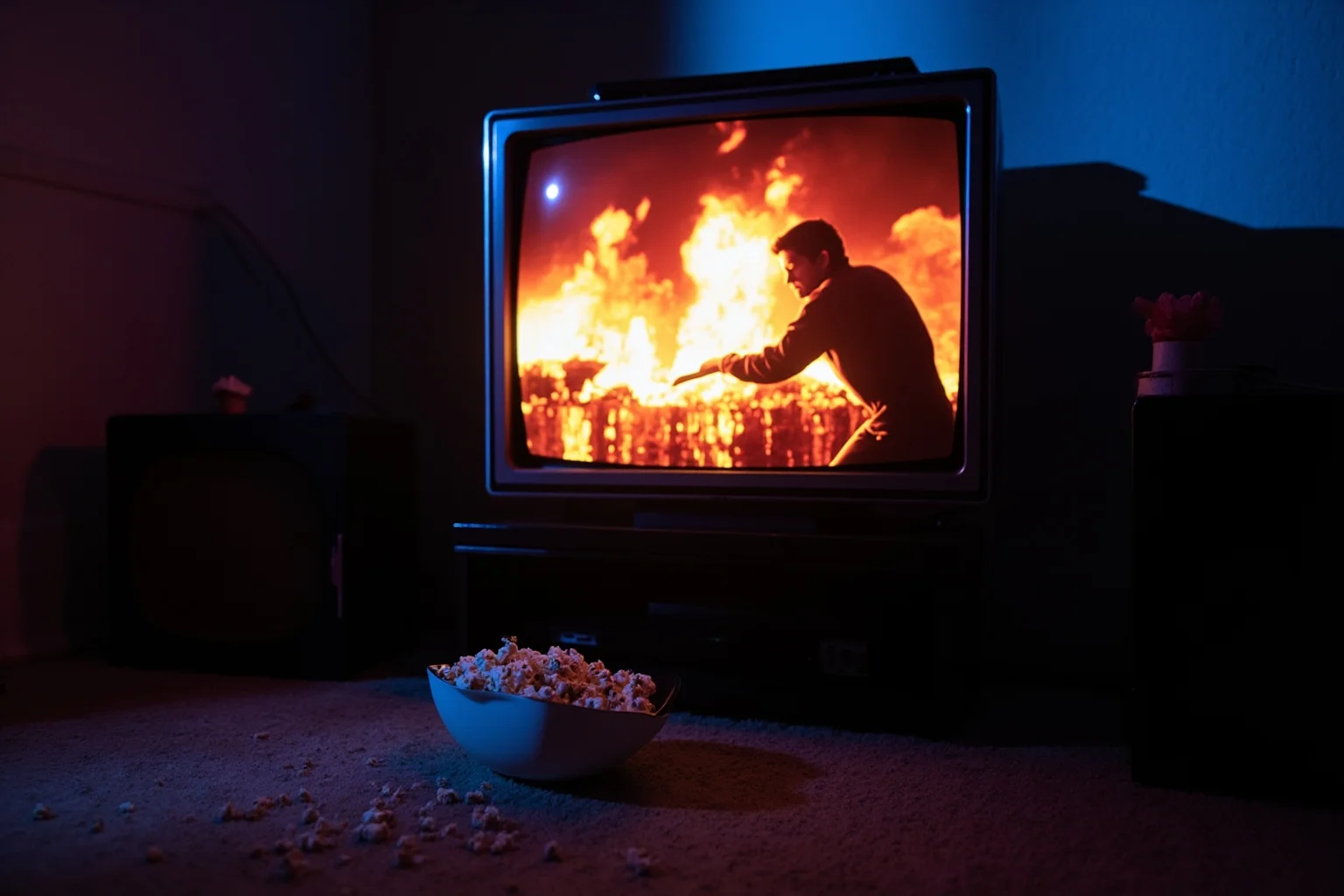 A retro television set in a 1990s living room playing a disaster movie, popcorn bowl on the carpet, glow of the screen on the walls