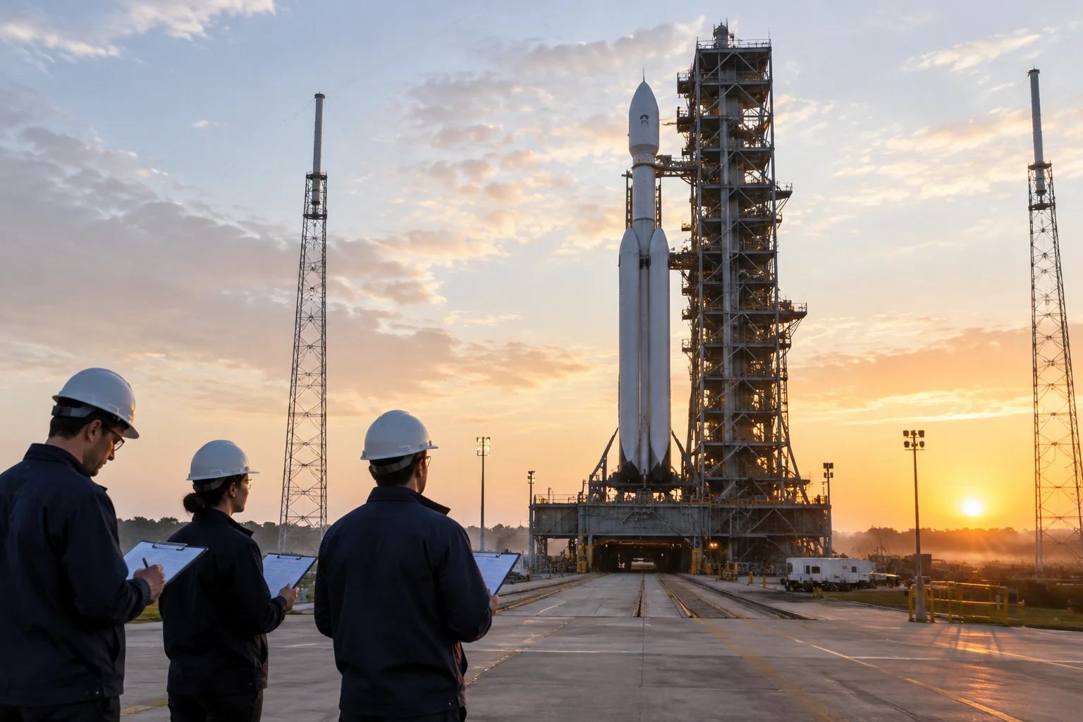 A rocket on a launchpad with engineers in the foreground studying clipboards, dawn light, restrained documentary style