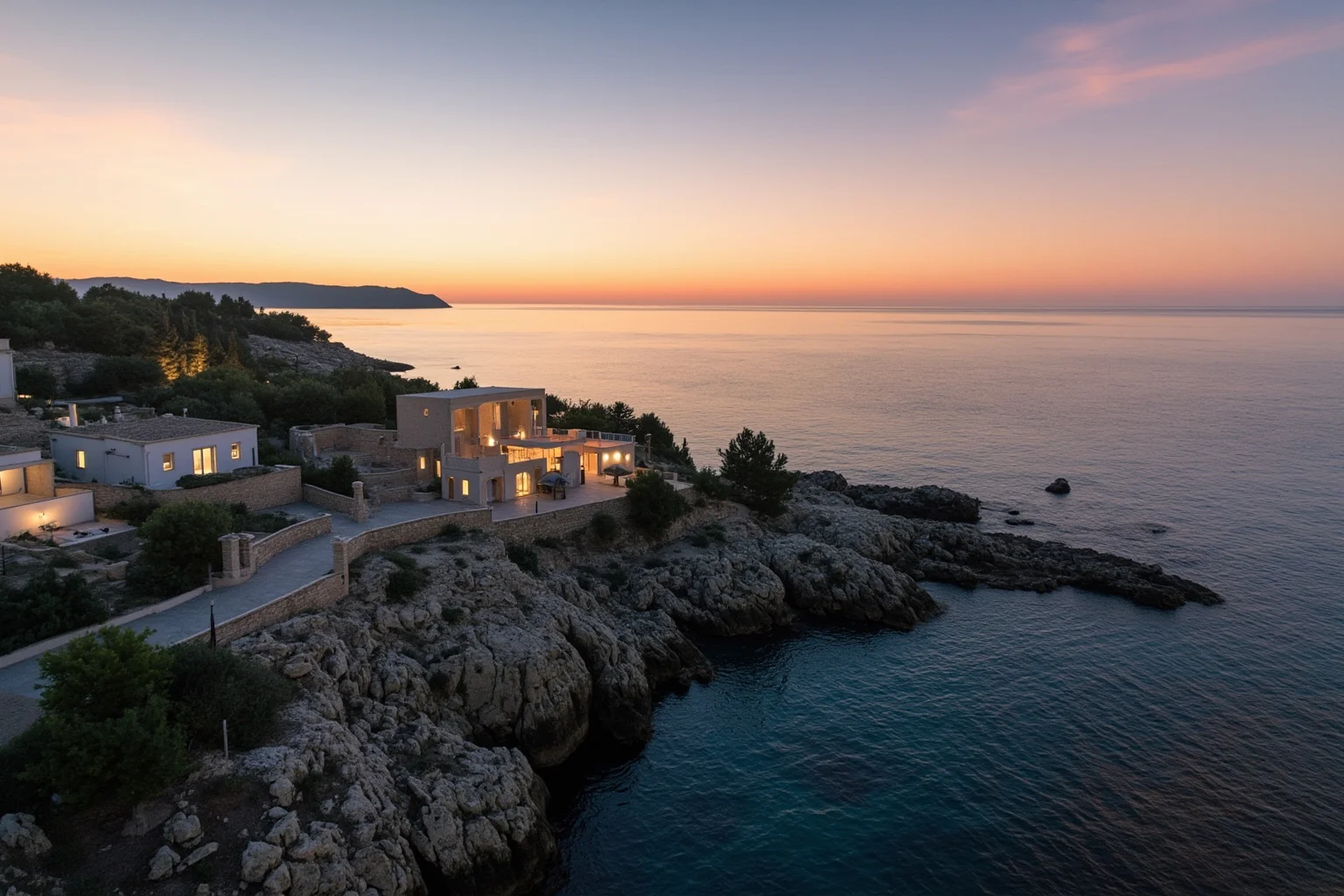 A rocky Mediterranean island villa overlooking the sea at dusk, Roman architecture, contemplative atmosphere
