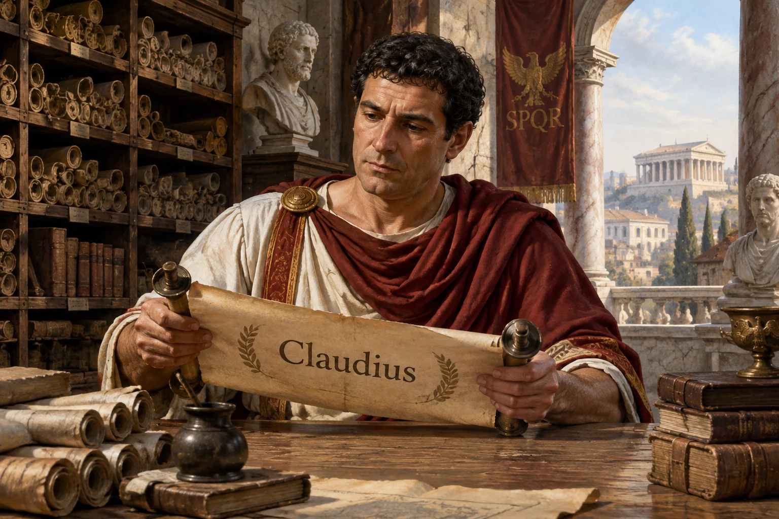 23 Best Roman Names: Ancient Rome's Most Popular Names 12 A Roman administrator in a library with the name Claudius on a scroll, ancient Rome, historical illustration