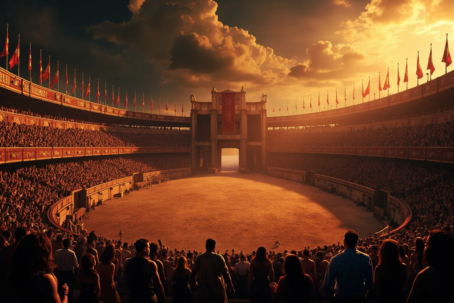 A Roman amphitheater with gladiators and spectators, banners and torches, dramatic warm lighting