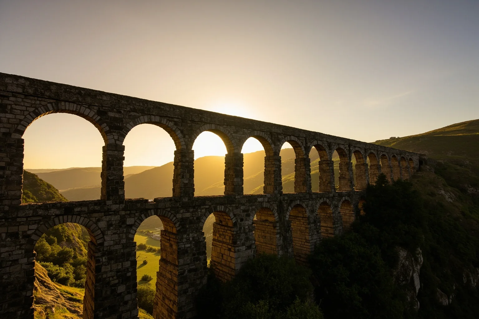 A Roman aqueduct with tall stone arches crossing a green valley at sunrise
