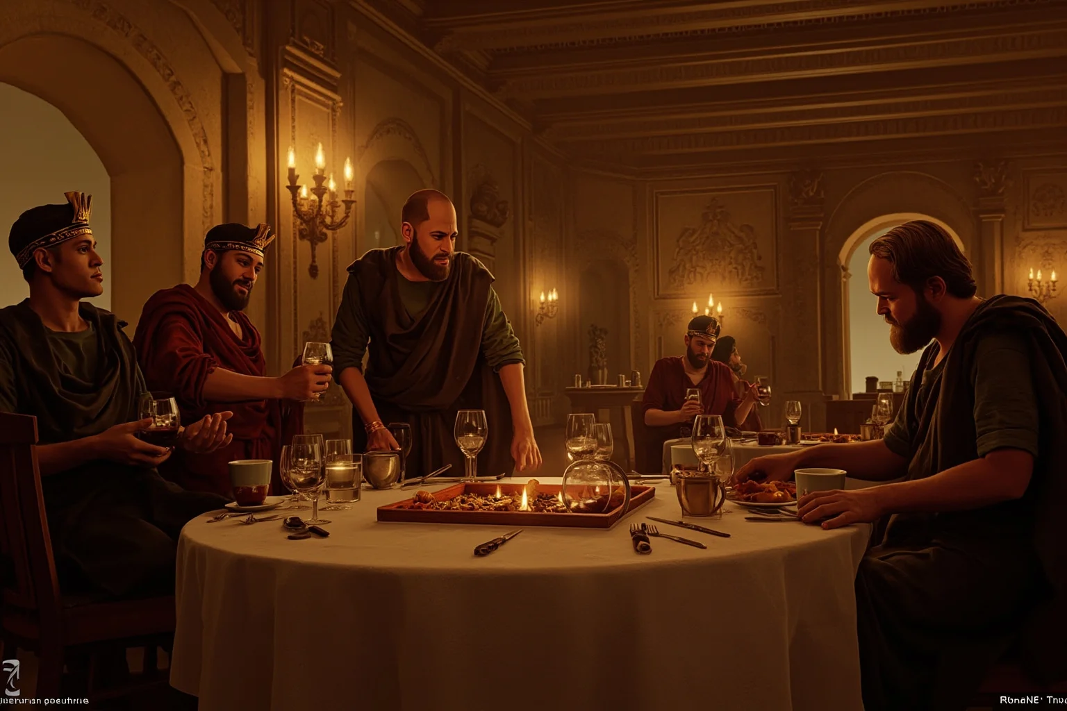 A Roman banquet hall with guests and servants, luxurious decor, warm lamp light