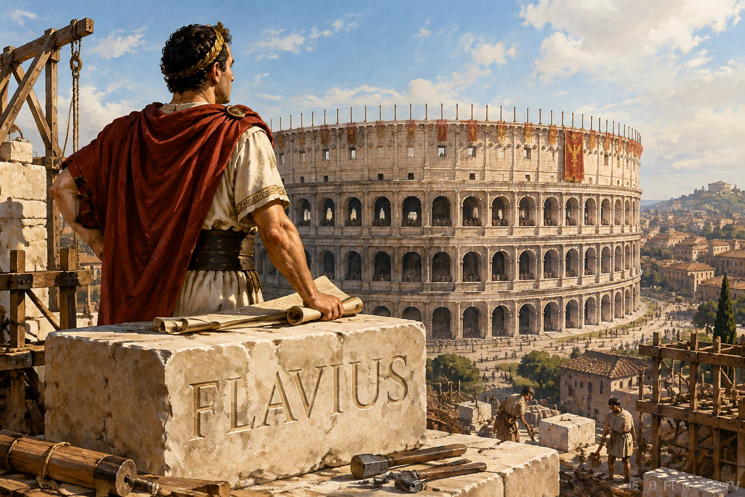 23 Best Roman Names: Ancient Rome's Most Popular Names 13 A Roman builder overlooking the Colosseum with the name Flavius on a stone block, Flavian era, historical illustration