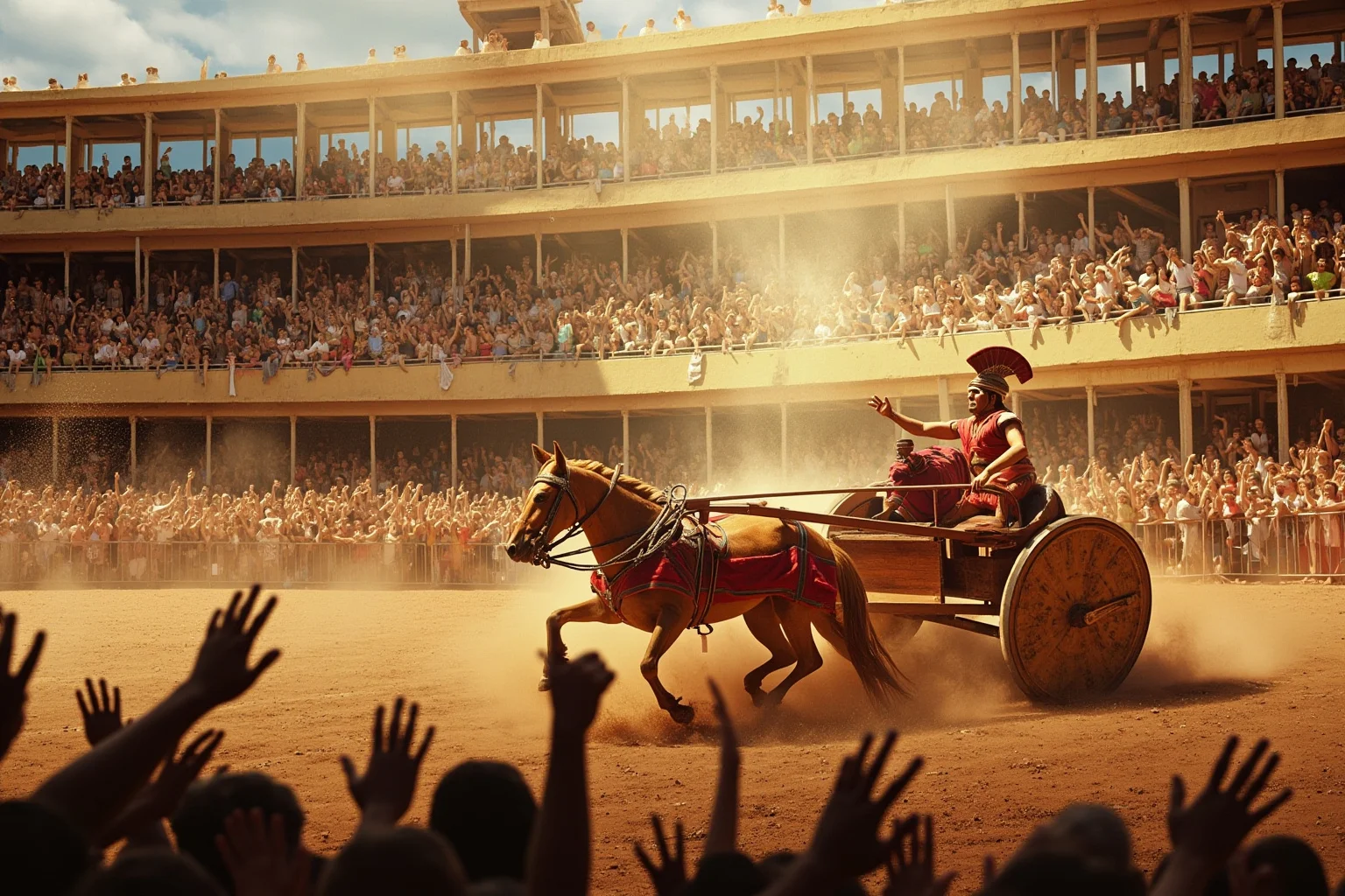 A Roman chariot race in a circus with crowds cheering, dust and motion, vivid colors