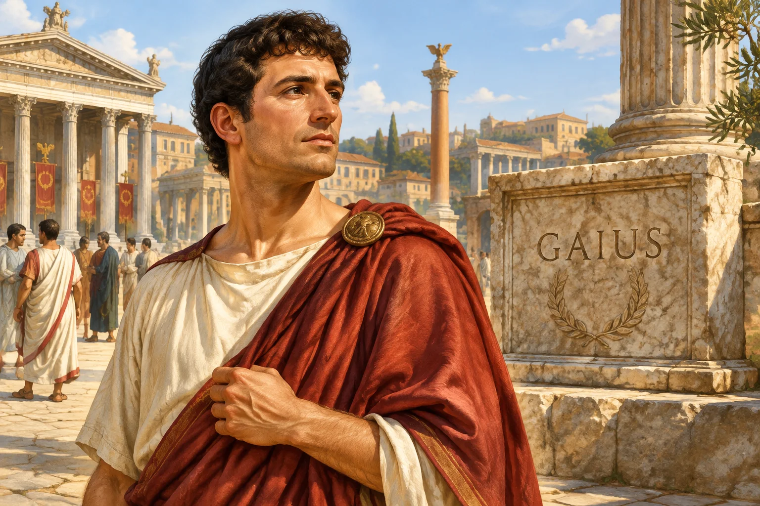 23 Best Roman Names: Ancient Rome's Most Popular Names 3 A Roman citizen in a forum, inscription stone in the background reading Gaius, warm Mediterranean light, classical illustration