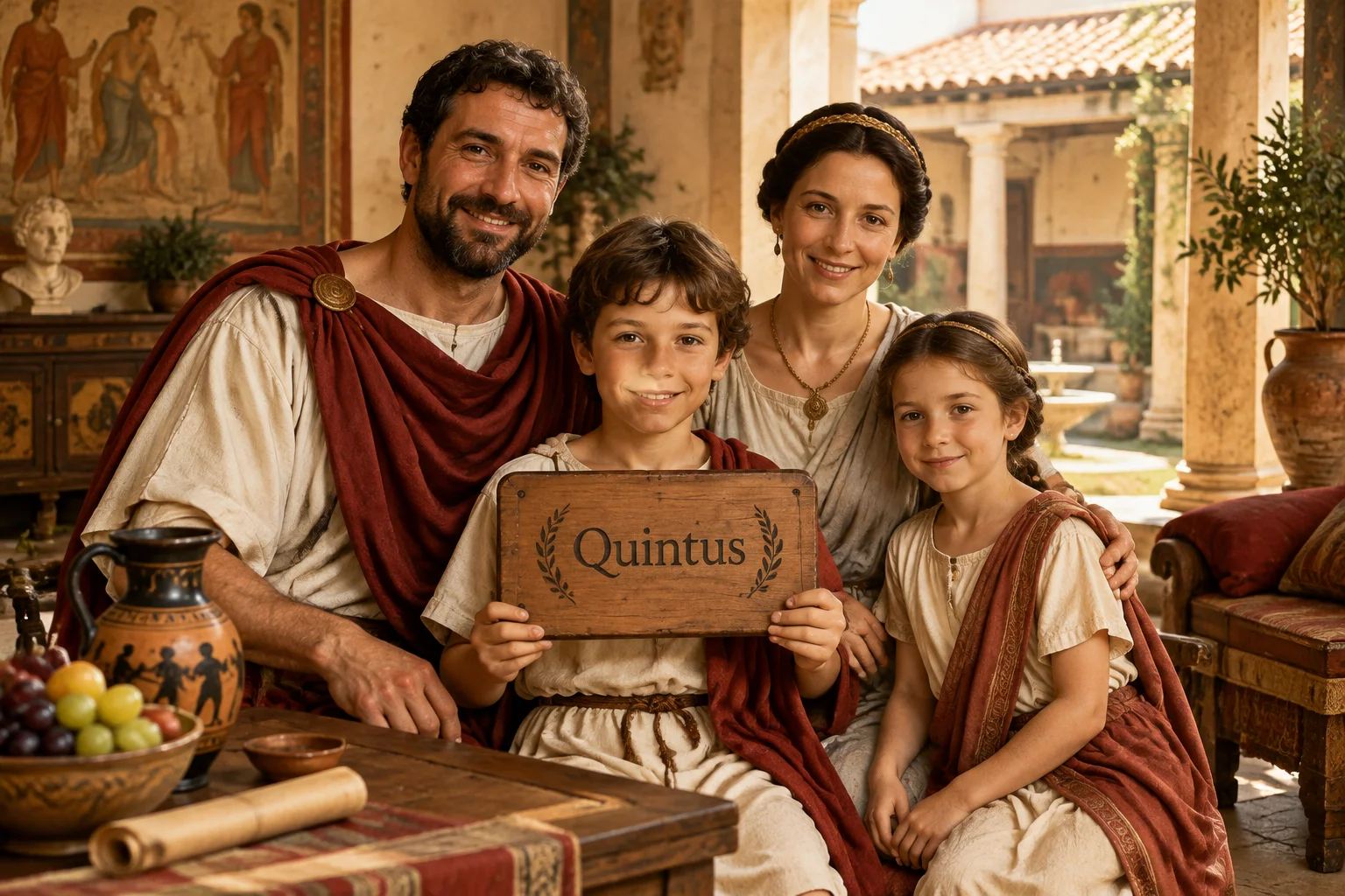 23 Best Roman Names: Ancient Rome's Most Popular Names 6 A Roman family scene with the name Quintus written on a wooden tablet, domestic Roman villa setting, warm tones