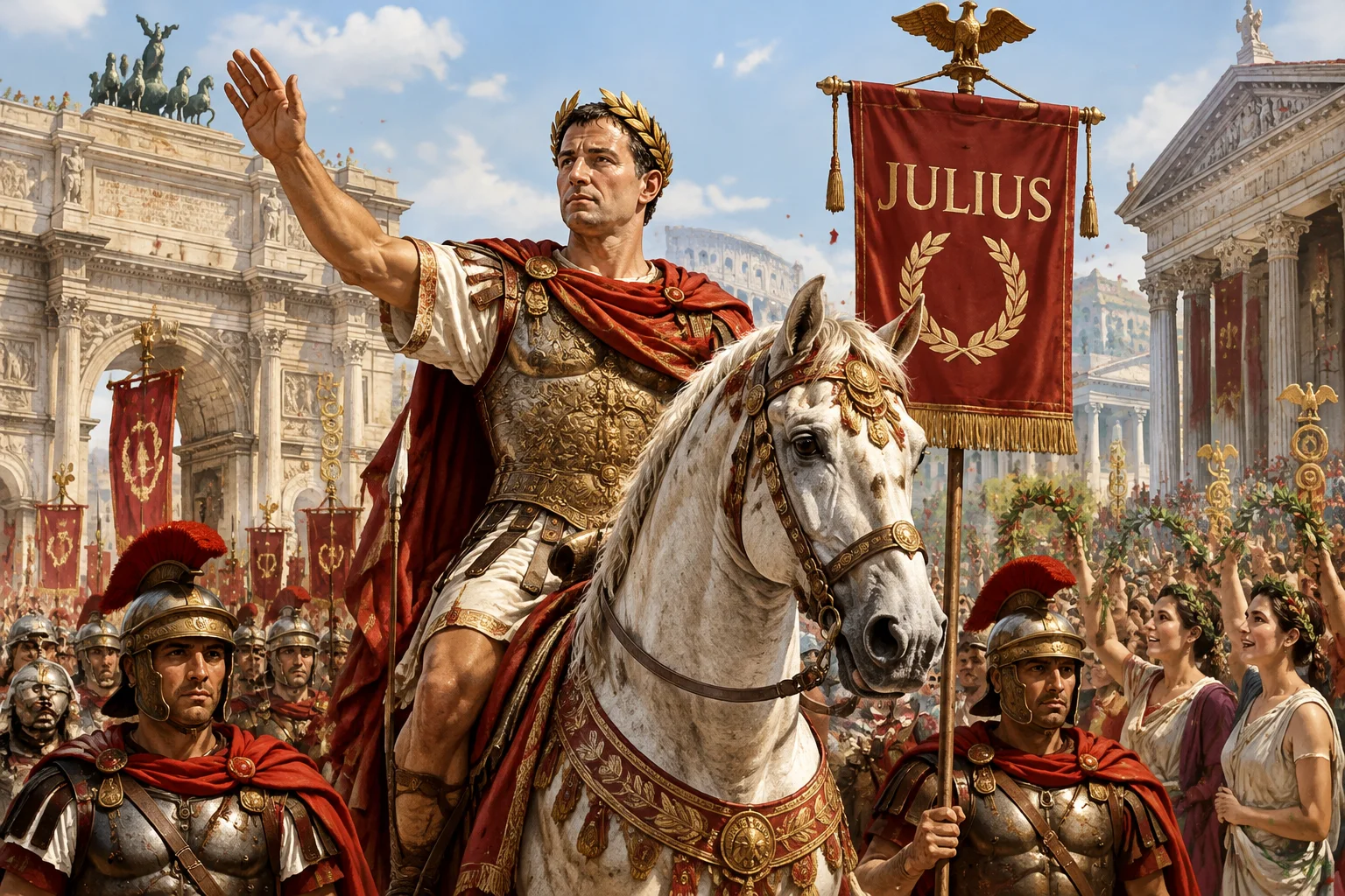 23 Best Roman Names: Ancient Rome's Most Popular Names 10 A Roman general in a triumph with the name Julius on a banner, imperial Rome, classical historical illustration