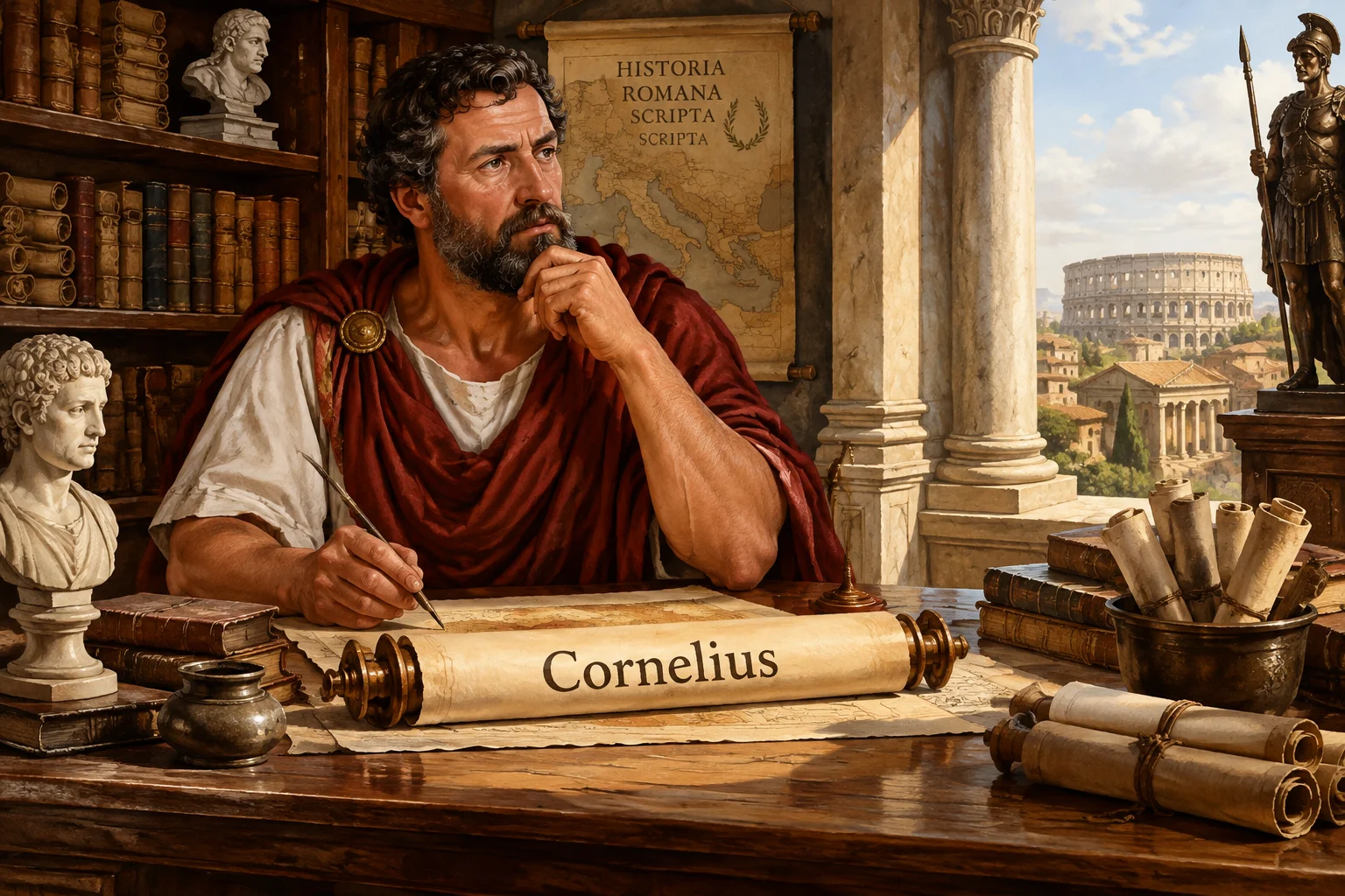 23 Best Roman Names: Ancient Rome's Most Popular Names 16 A Roman historian at a desk with the name Cornelius on a scroll, classical library setting, historical illustration