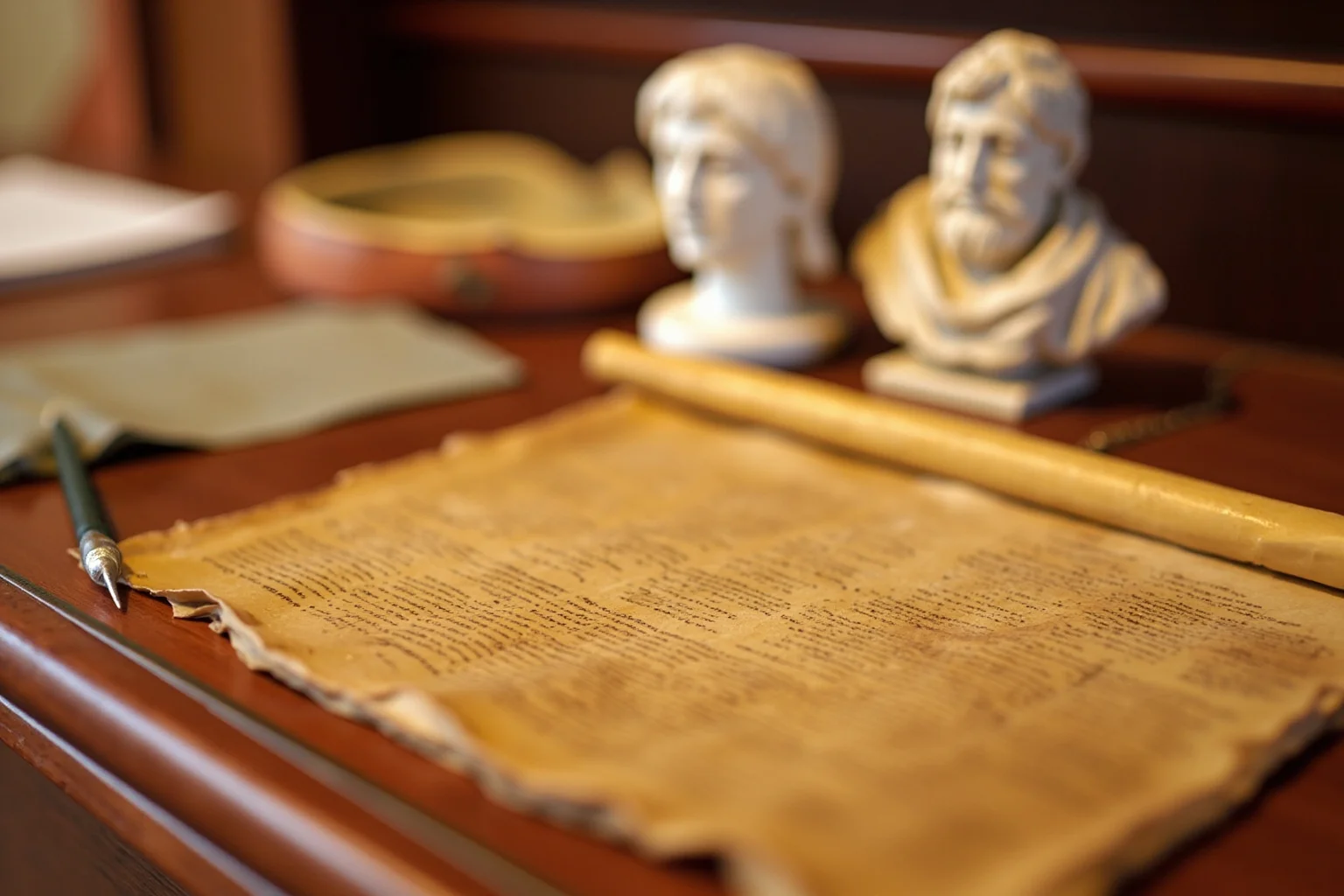 Earliest Laws We Still Practice Today: 10 First Law Codes That Shaped Modern Rules 10 A Roman legal scroll and wax tablet on a wooden desk, with a stylus and a small bust of a Roman jurist in the background.