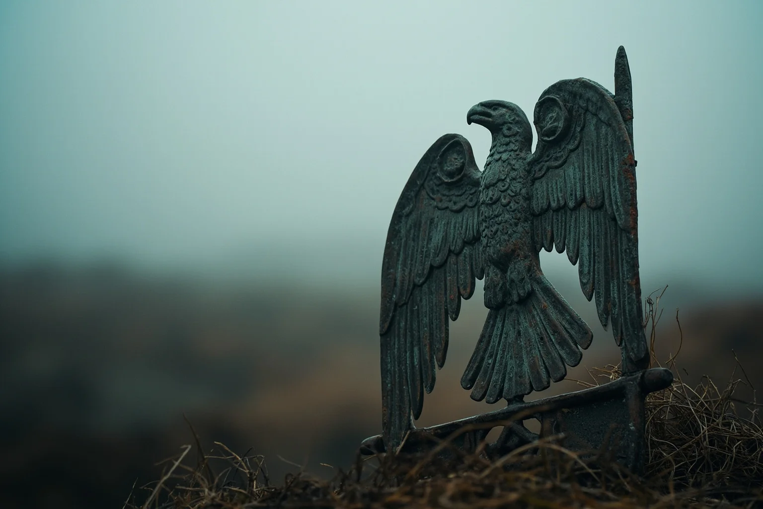 A Roman legionary eagle standard half-buried in a misty northern moorland, weathered bronze and stone, moody atmosphere