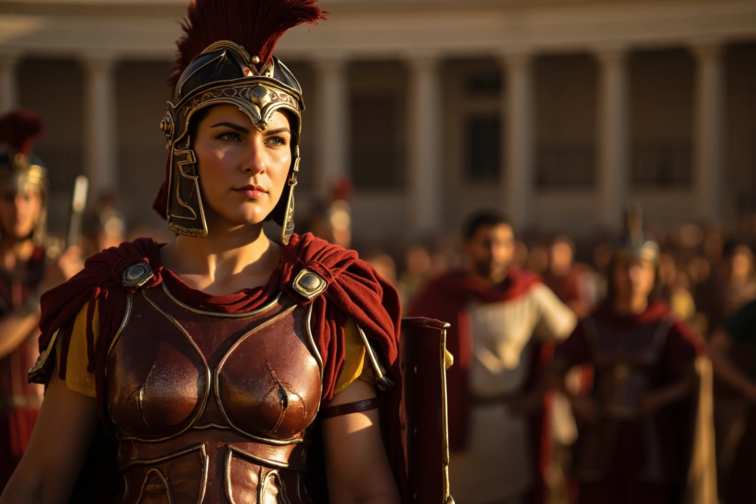 Yes, Female Gladiators Existed — And Here's Everything You Need to Know About Them 10 A Roman matron in arena armor standing before shocked senators in togas, capturing the social scandal of elite women fighting