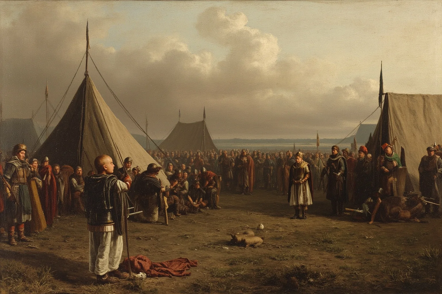 A Roman military camp on the Rhine frontier with legionaries and tents, a young boy watching from a distance, muted earth tones