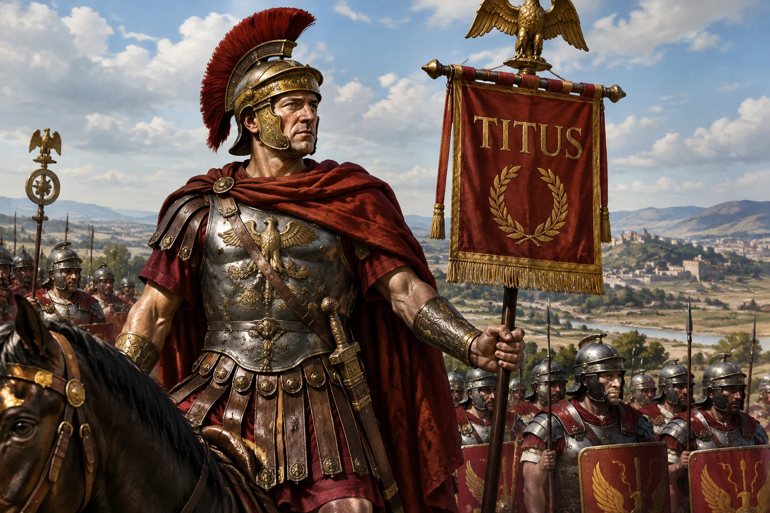23 Best Roman Names: Ancient Rome's Most Popular Names 5 A Roman military commander in the field with the name Titus on a standard, ancient Rome, detailed historical illustration