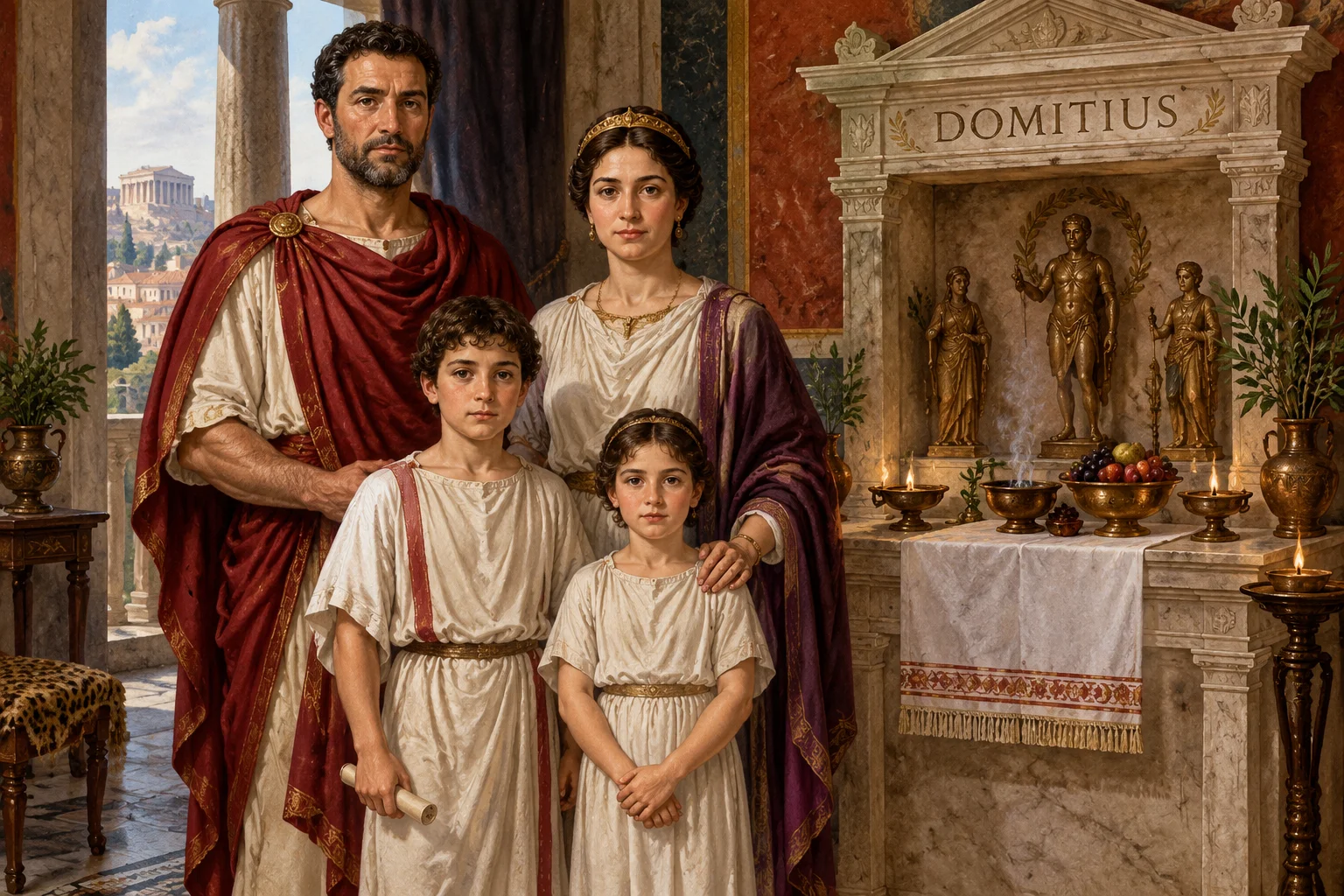 23 Best Roman Names: Ancient Rome's Most Popular Names 20 A Roman noble family portrait with the name Domitius on a household shrine, ancient Rome, illustration