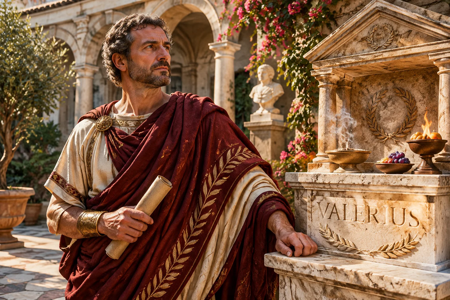 23 Best Roman Names: Ancient Rome's Most Popular Names 15 A Roman noble in a courtyard with the name Valerius on a family altar, ancient Rome, historical illustration