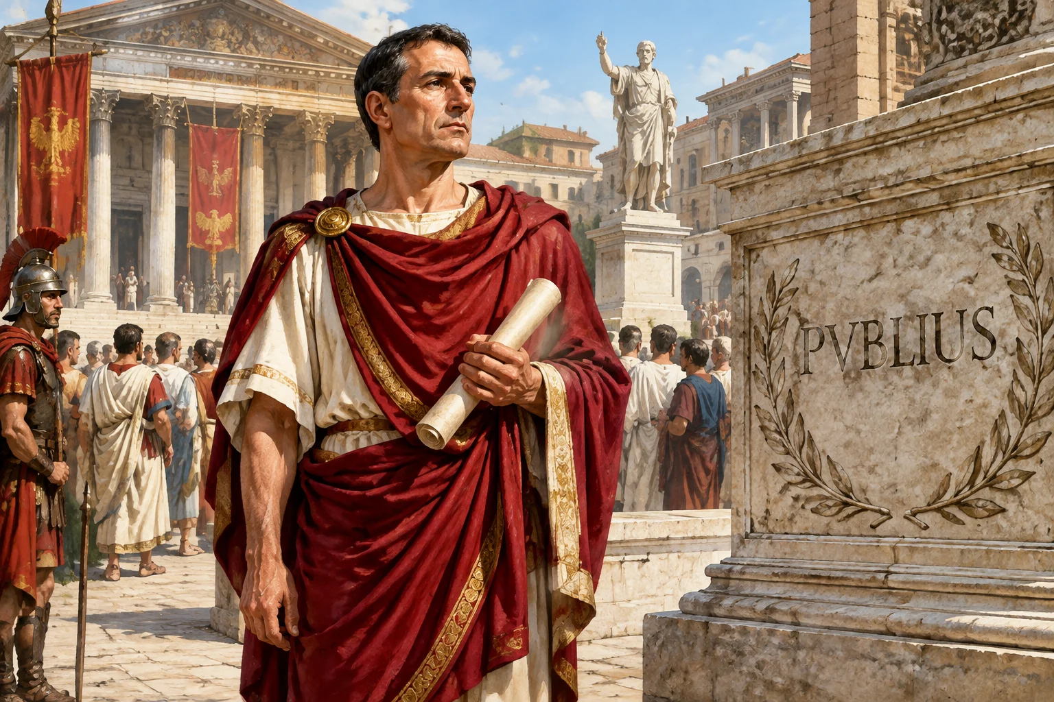 23 Best Roman Names: Ancient Rome's Most Popular Names 7 A Roman official in a public square with the name Publius on a civic inscription, ancient Rome, classical illustration