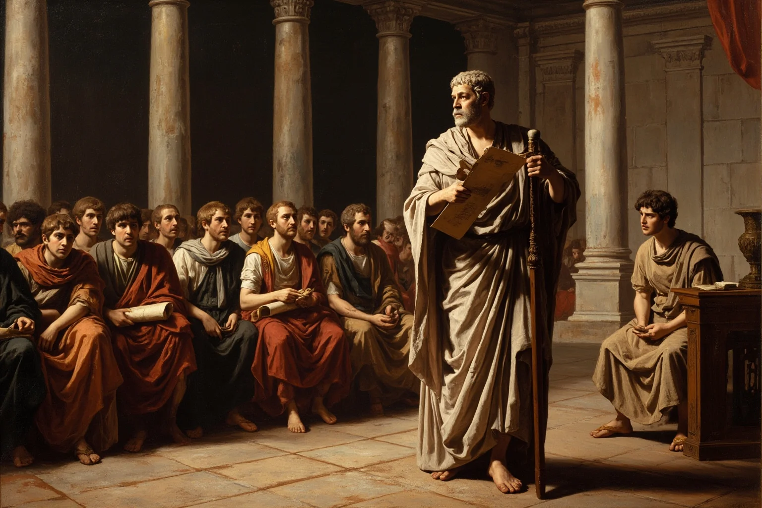 A Roman orator in a toga speaking before a small audience in a forum, scrolls and columns, classical painting style