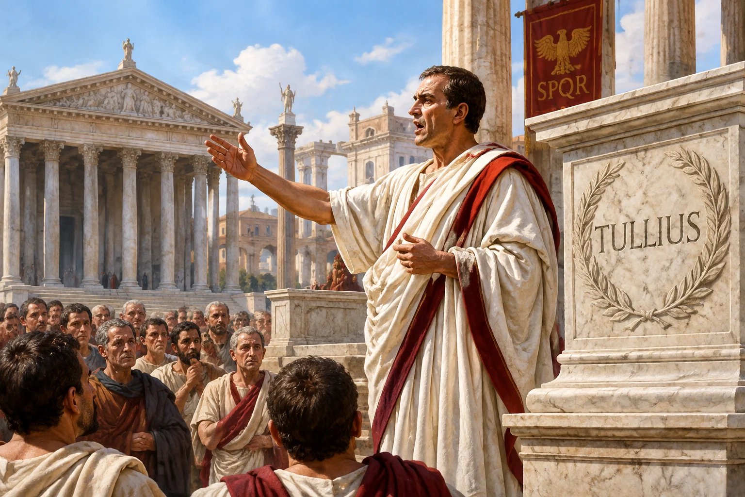 23 Best Roman Names: Ancient Rome's Most Popular Names 22 A Roman orator speaking in the forum with the name Tullius on a public inscription, classical Rome, illustration