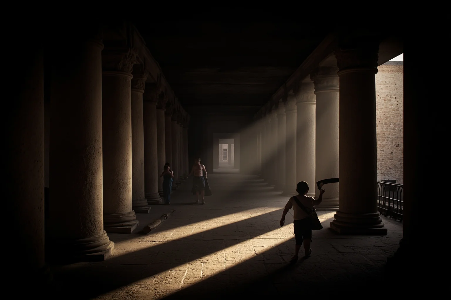 A Roman palace corridor with whispering figures and shadows, dramatic chiaroscuro lighting