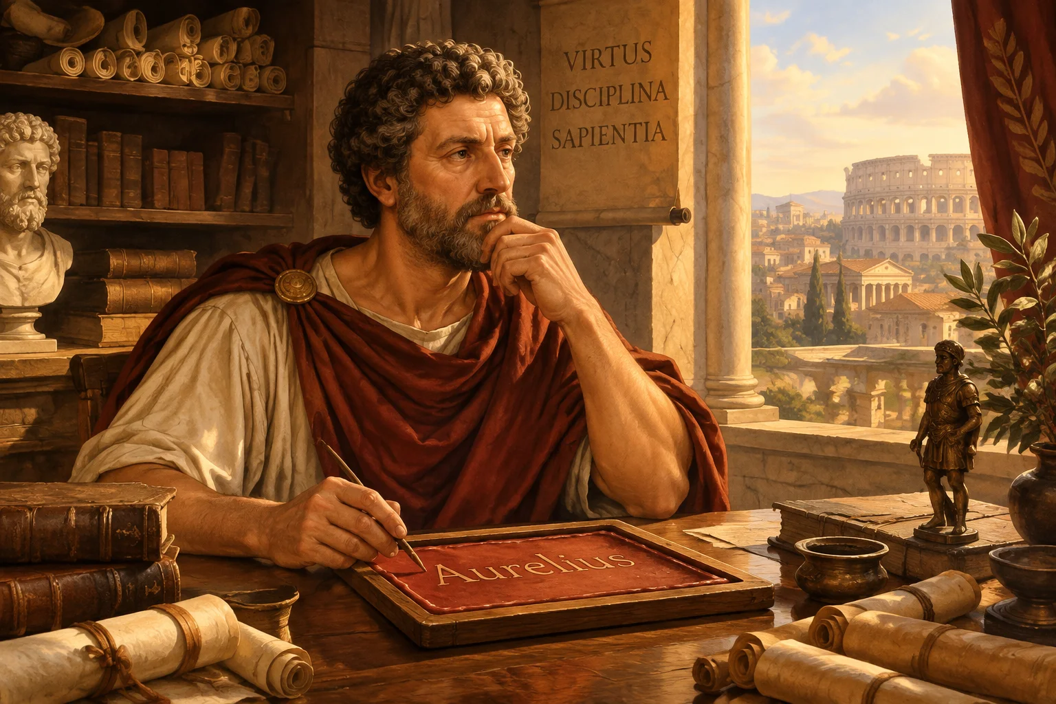 23 Best Roman Names: Ancient Rome's Most Popular Names 14 A Roman philosopher in a study with the name Aurelius on a wax tablet, classical Rome, warm illustration
