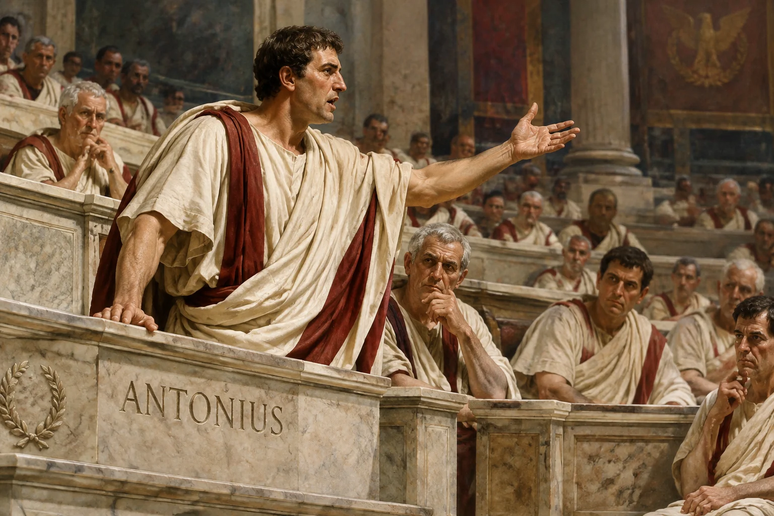 23 Best Roman Names: Ancient Rome's Most Popular Names 19 A Roman senator in a debate hall with the name Antonius on a marble bench, Roman Republic, historical illustration