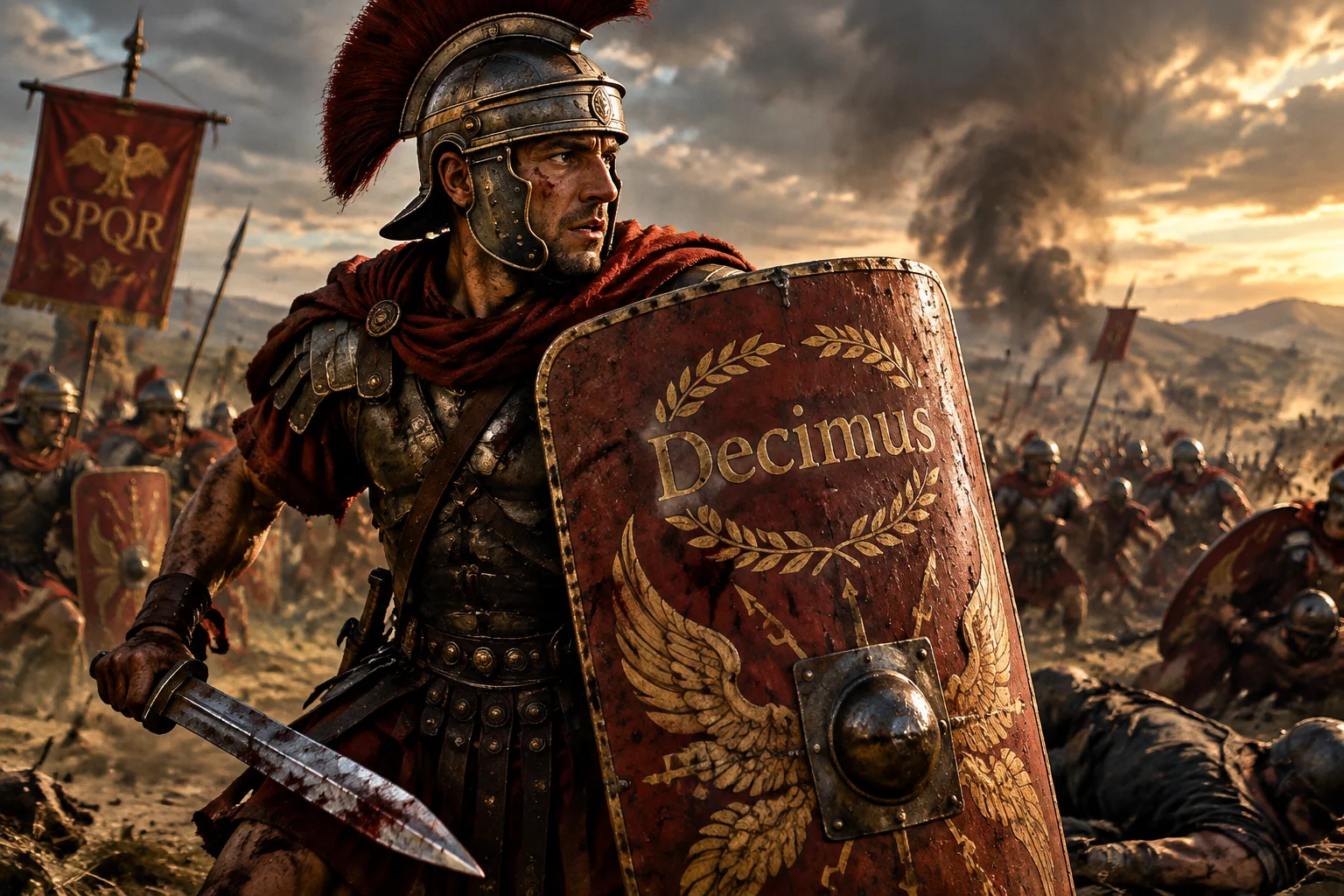 23 Best Roman Names: Ancient Rome's Most Popular Names 9 A Roman soldier with a shield bearing the name Decimus, ancient battlefield, dramatic historical illustration