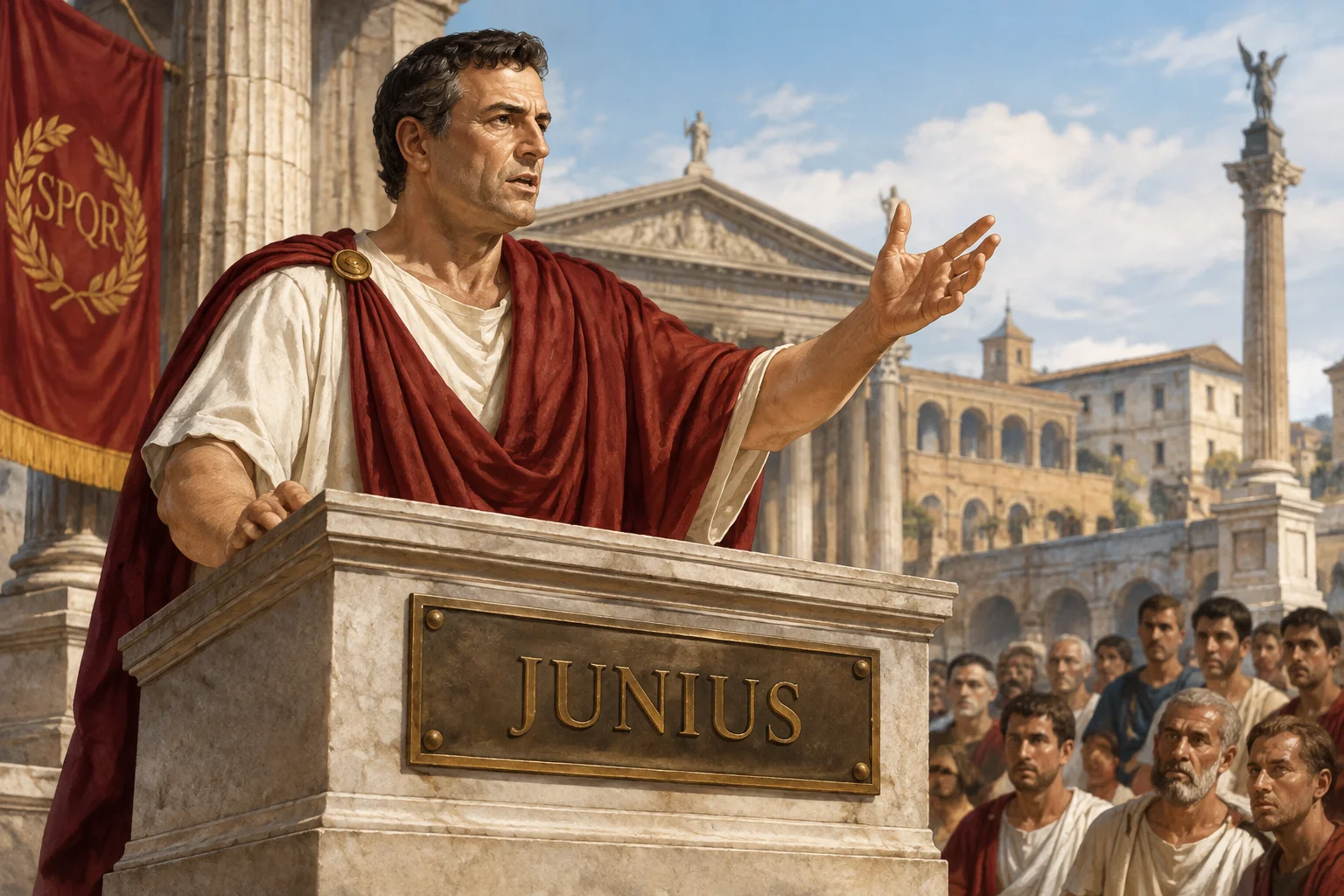 23 Best Roman Names: Ancient Rome's Most Popular Names 21 A Roman statesman in a forum with the name Junius on a bronze plaque, early Republic, historical illustration