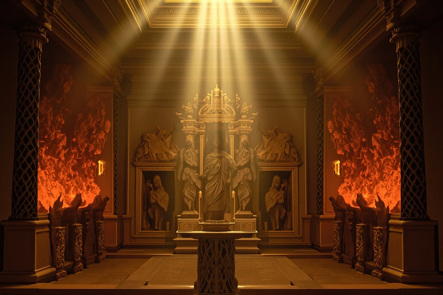 A Roman temple with incense and statues of gods, priests in white robes, golden light