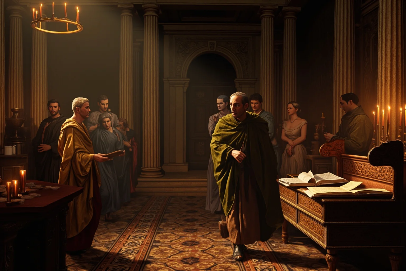 A Roman treasury room with coins, ledgers, and anxious officials, candlelight, classical style