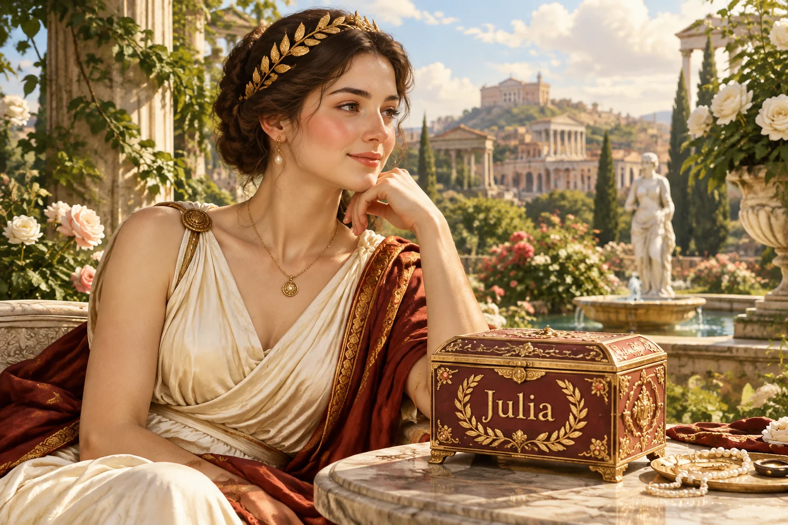 23 Best Roman Names: Ancient Rome's Most Popular Names 23 A Roman woman in a garden with the name Julia on a jewelry box, imperial Rome, elegant historical illustration