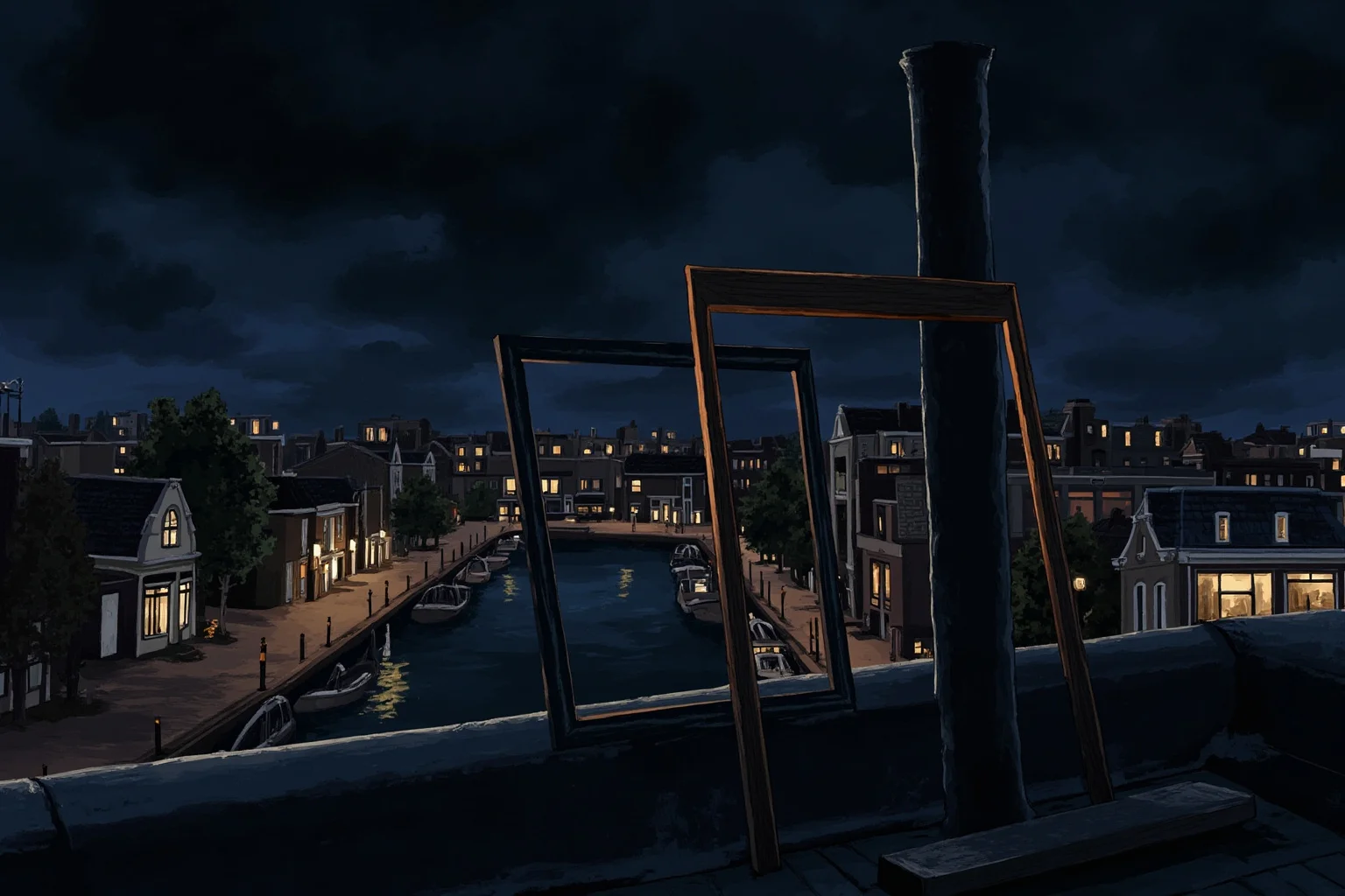 22 Famous Paintings That Were Stolen — Including 10 That Were Never Recovered 9 A rooftop at night in Amsterdam, two empty picture frames leaning against a chimney, city lights and canal reflections below, moody illustration.