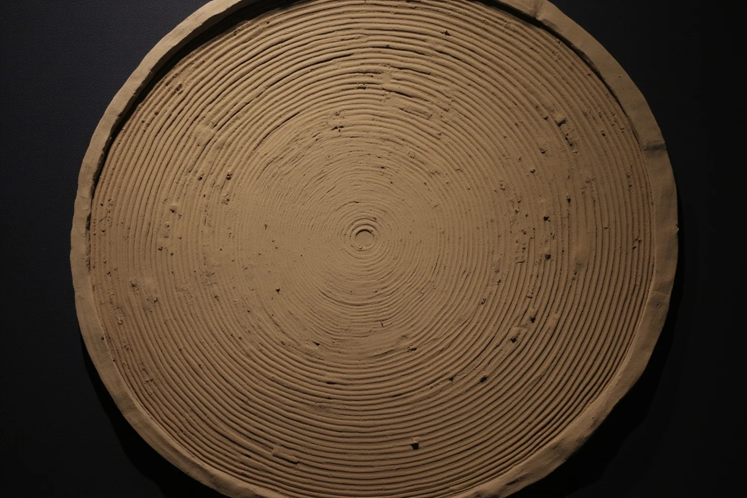 A round clay disc with spiral rows of stamped symbols displayed on dark museum fabric, close-up detail
