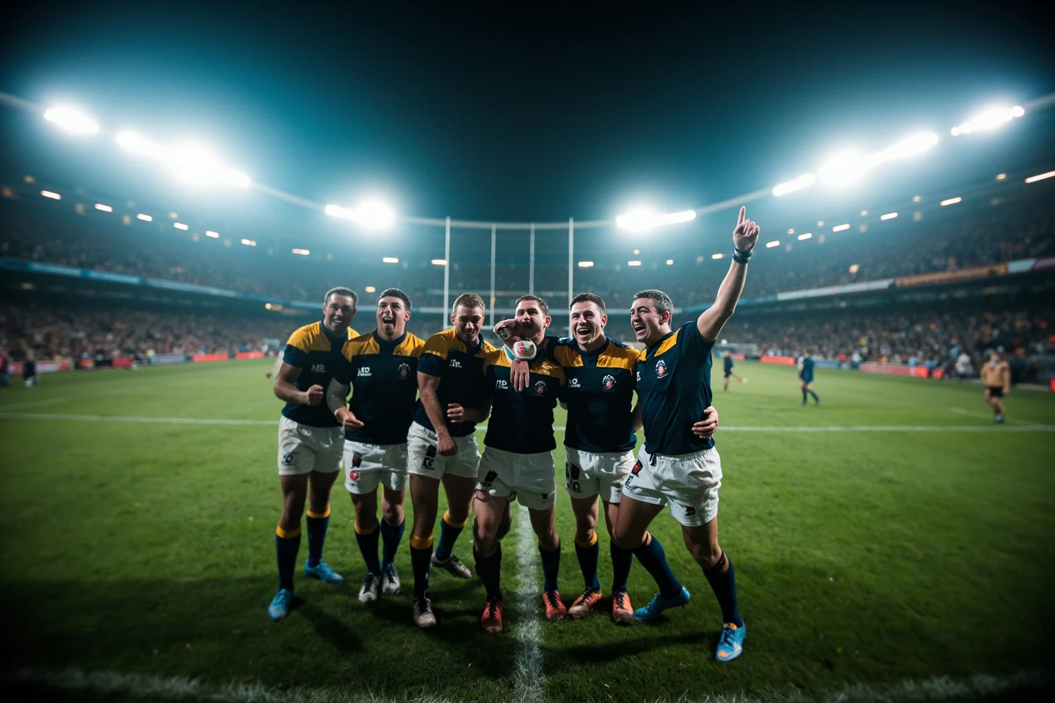 The Greatest Underdog Stories in History: 20 Unlikely Wins That Still Inspire 11 A rugby stadium with players in contrasting jerseys celebrating an unexpected victory, bright stadium lights, no real faces.