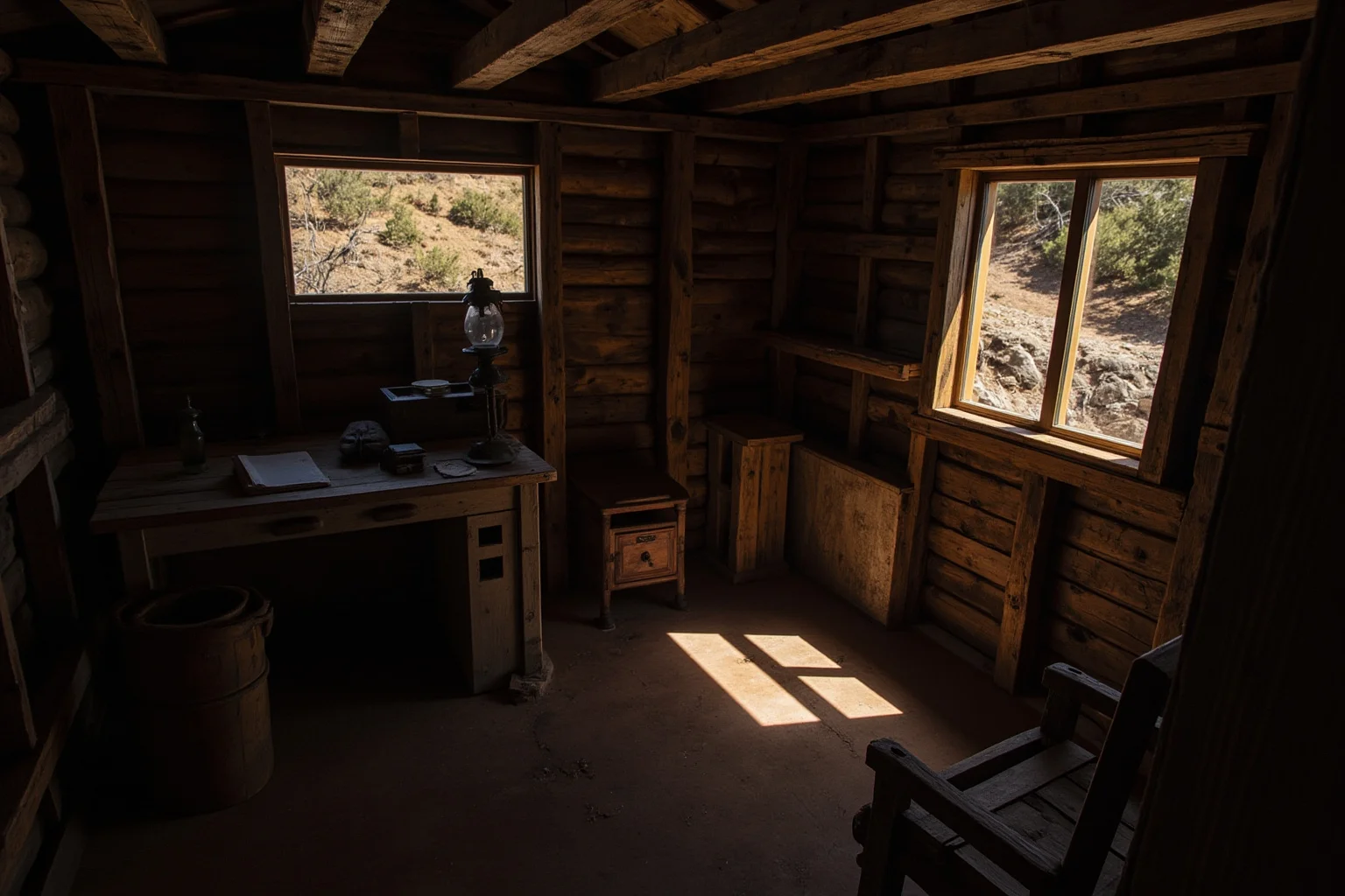 A rugged California gold-rush-era cabin with a writing desk and oil lamp, no people visible.