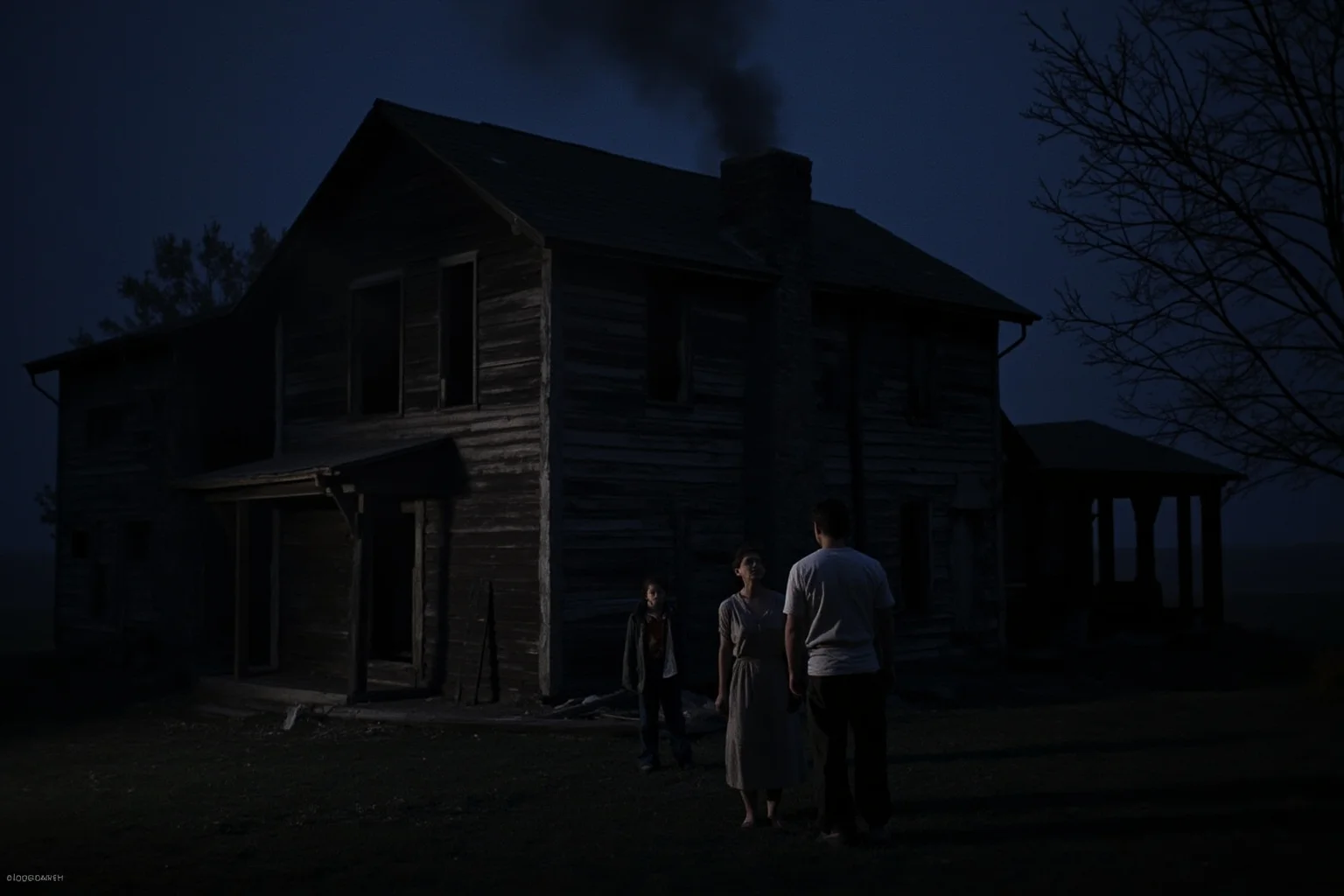 Scariest Missing Persons Cases in History: 20 Creepy Disappearances That Still Baffle Us 5 A rural 1940s West Virginia home at night with smoke rising, a family standing outside looking at the ruins, somber and haunting, no text.