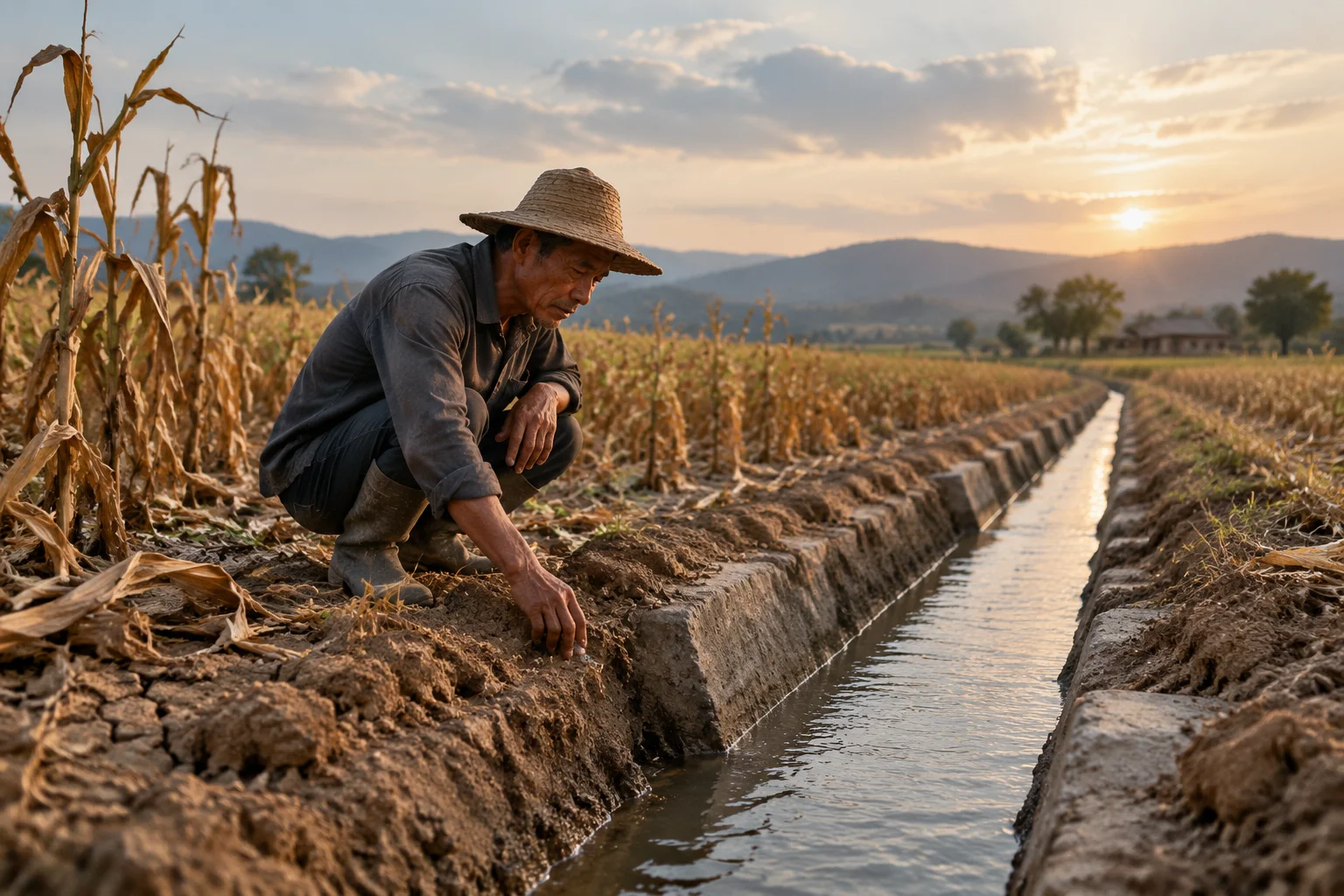 A rural farming field with dry crops and a farmer examining a new irrigation channel, hopeful yet somber tone