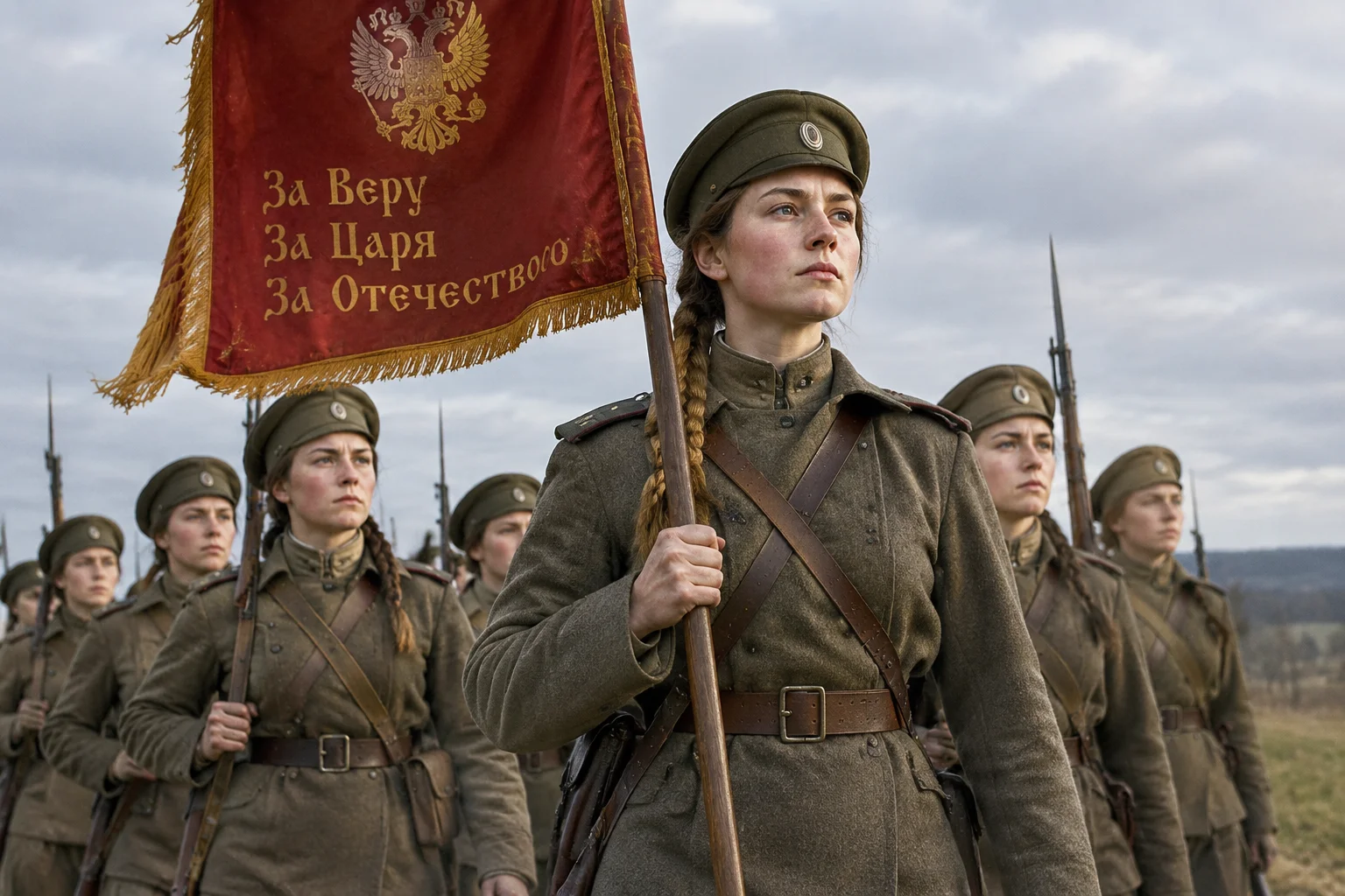 A Russian peasant woman in military uniform leading a group of female soldiers, carrying a banner, during WWI, safe for work.