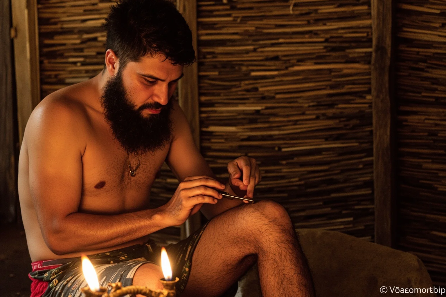 A Samoan tattoo master using traditional hand tools on a young man's thigh, mats and oil lamps in a thatched fale