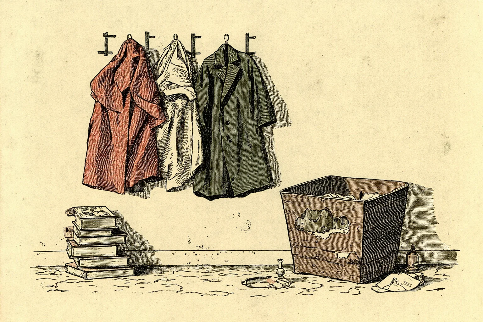 A satirical eighteenth-century engraving-style scene of three coats hanging on a wall beside stacked books and a cracked wooden tub, sepia tones, whimsical.