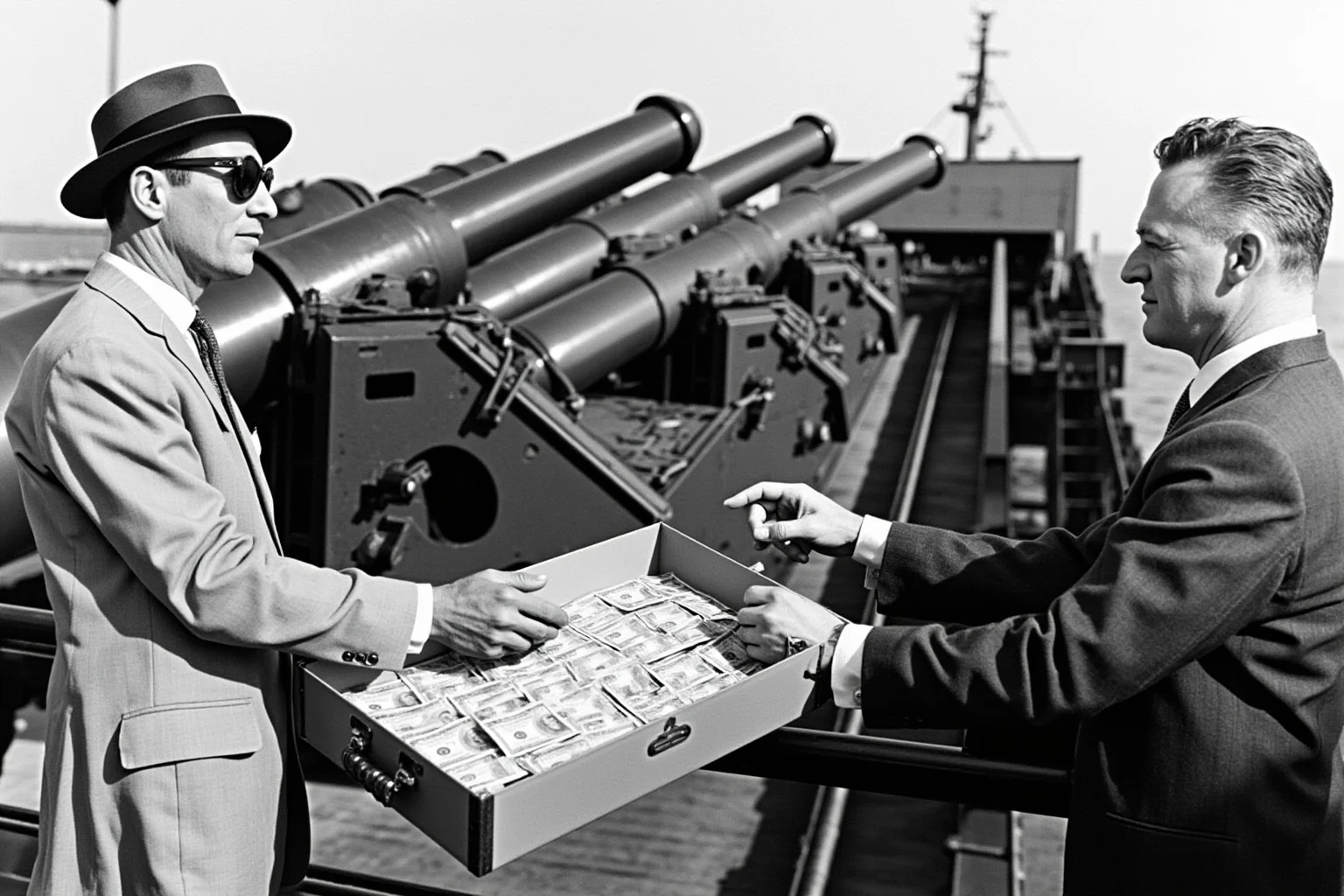 A scene showing artillery cannons being loaded onto a ship with a briefcase of money changing hands between a businessman and a government official, representing the Bofors Scandal