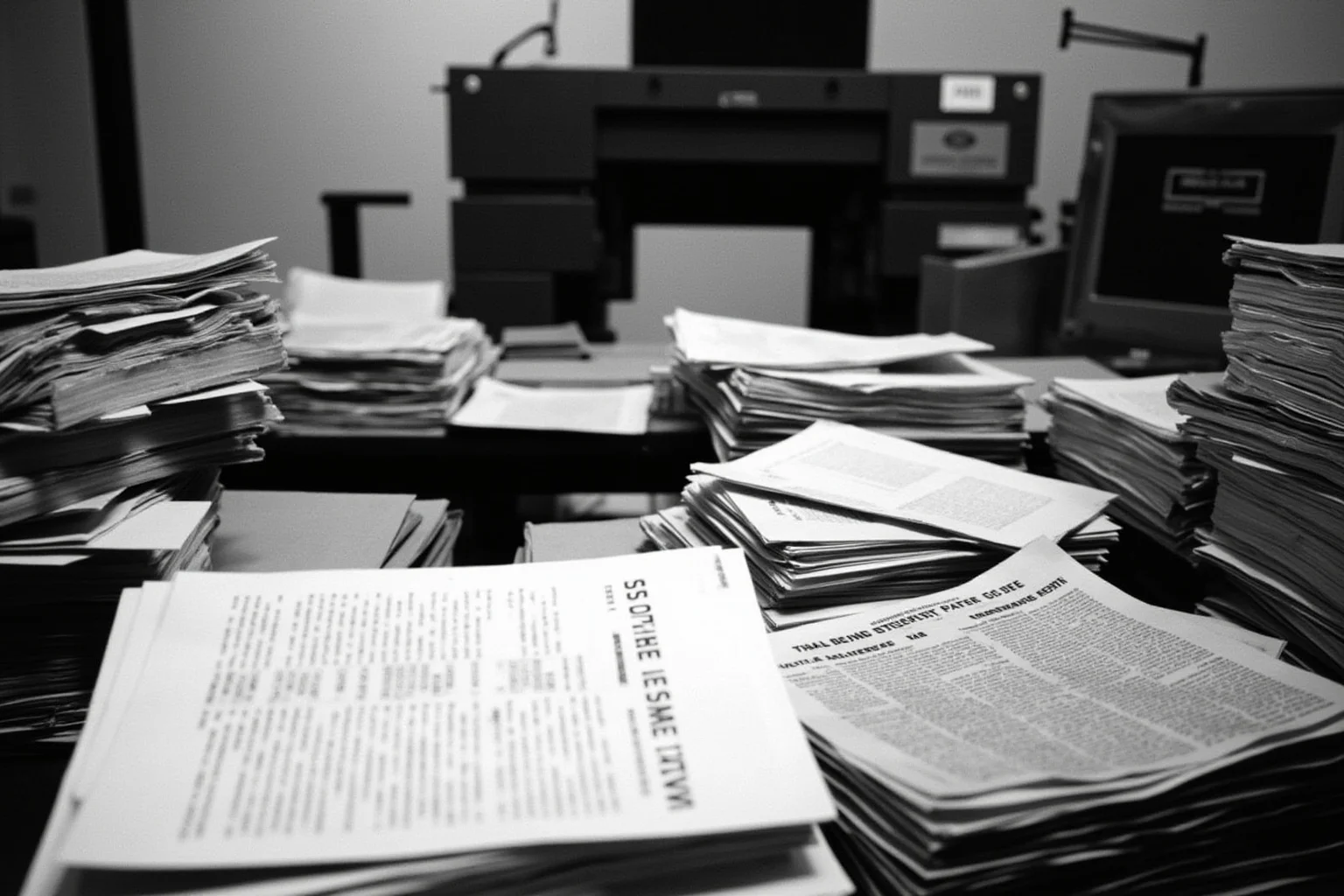 A scene showing stacks of classified government documents with a newspaper printing press in the background, representing the Pentagon Papers leak of 1971