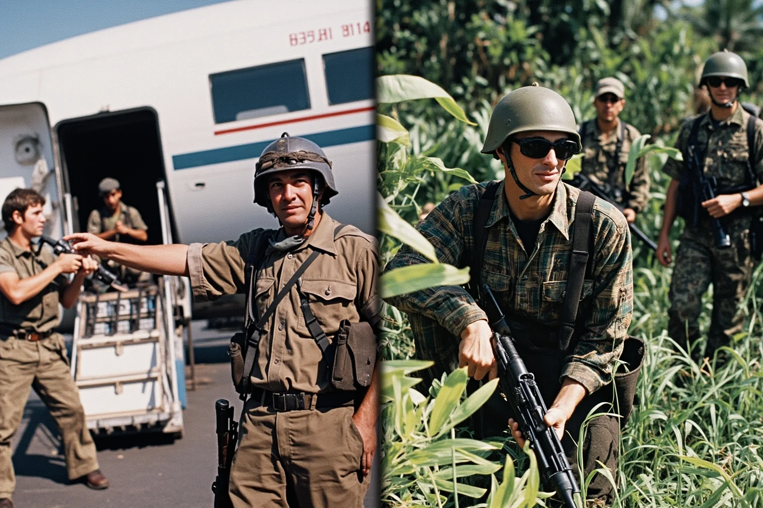 A scene split between a weapons shipment being loaded on a plane and rebel fighters in a jungle, connected by a trail of money, representing the Iran-Contra Affair