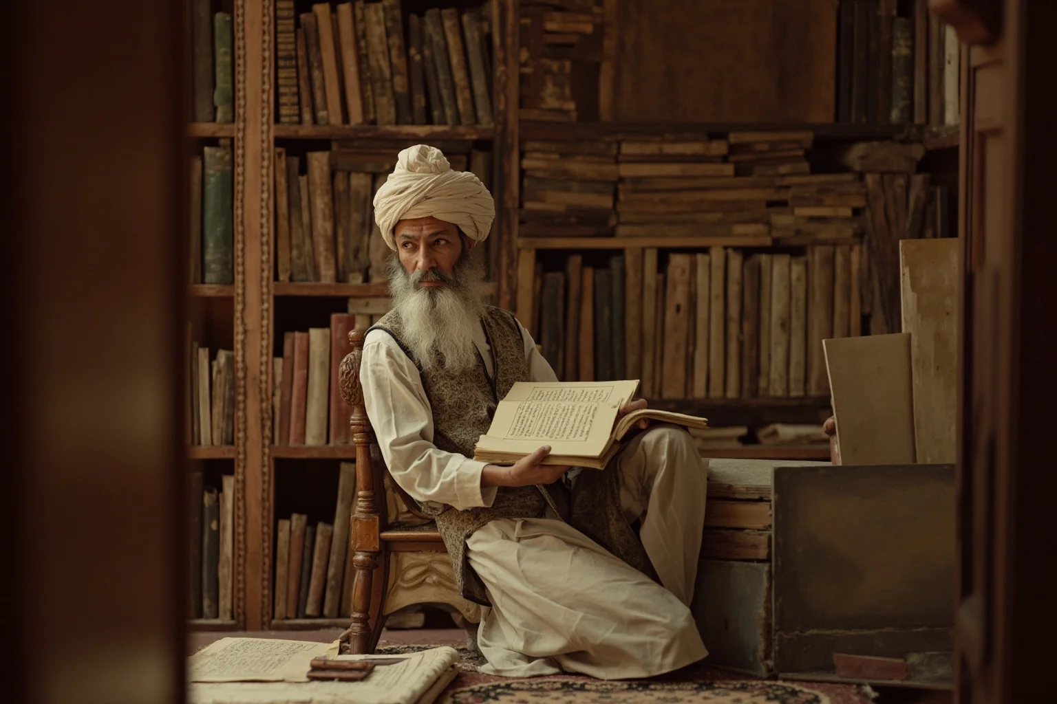 A scholar prince in a Mughal library studying manuscripts