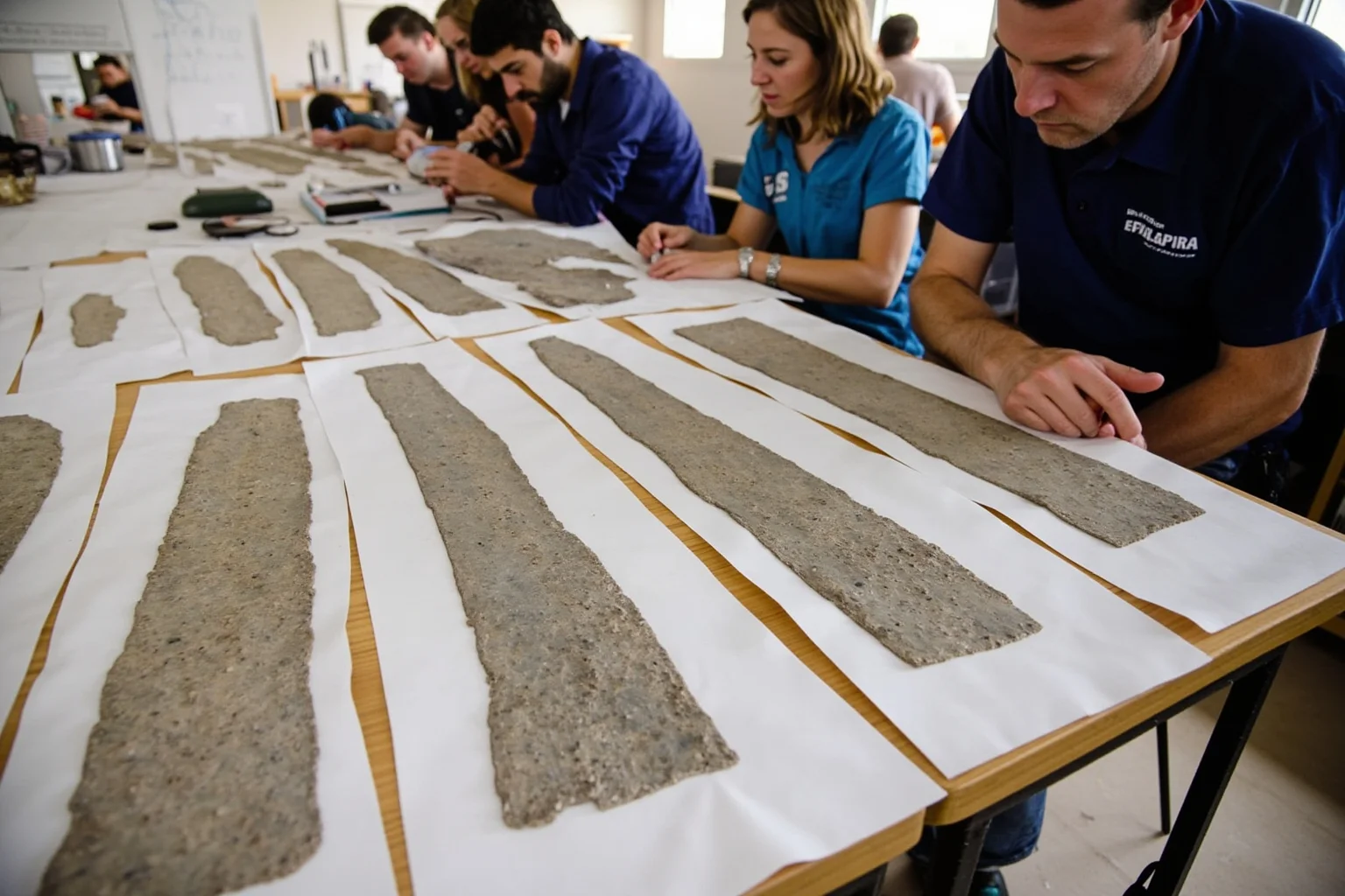 A scientific research scene showing rock core samples from a drilling project laid out on a table with magnifying glasses and notebooks, hinting at the study of the Chicxulub crater, no recognizable faces.