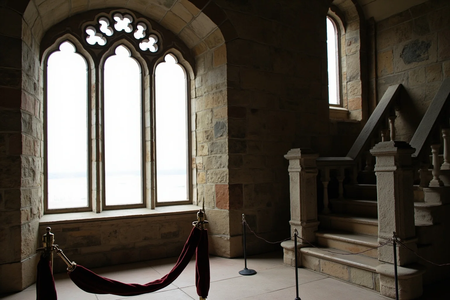 22 Famous Paintings That Were Stolen — Including 10 That Were Never Recovered 6 A Scottish castle interior with a stone staircase, a toppled velvet rope and an empty ornate frame, pale daylight through tall windows, painterly style.