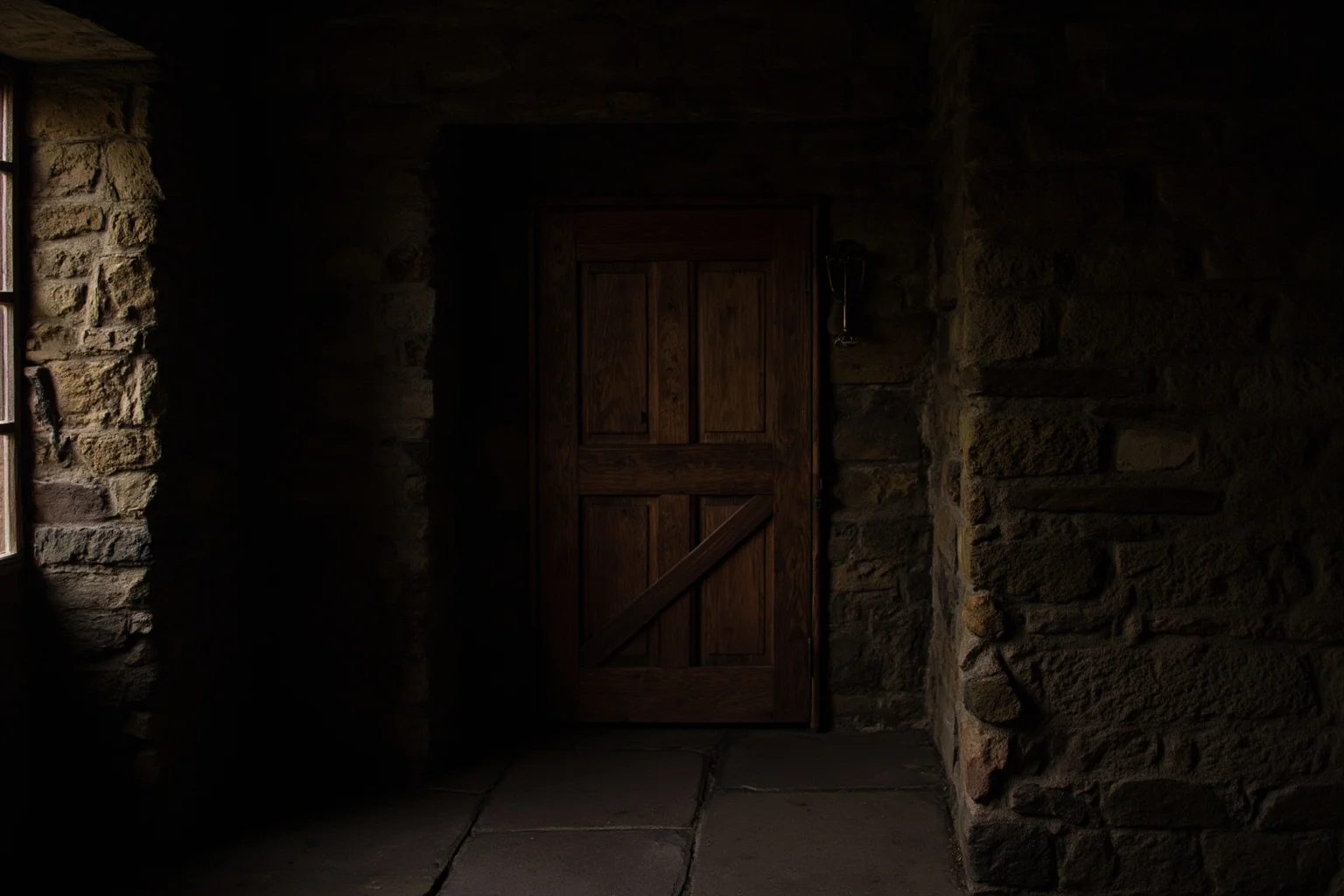 A Scottish castle interior with stone walls and a heavy wooden door, moody lighting, no people visible.