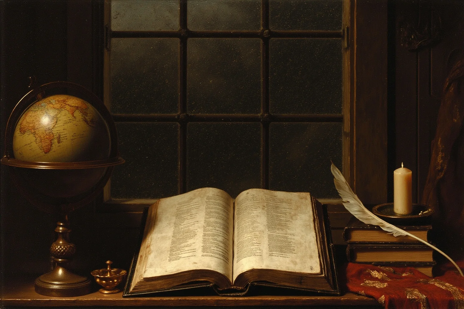 25 Times Historical Figures Predicted the End of the World 11 A Scottish scholar's study in the 1590s, an open commentary on Revelation on the desk, a globe, quill, and candles, a rain-streaked window behind.