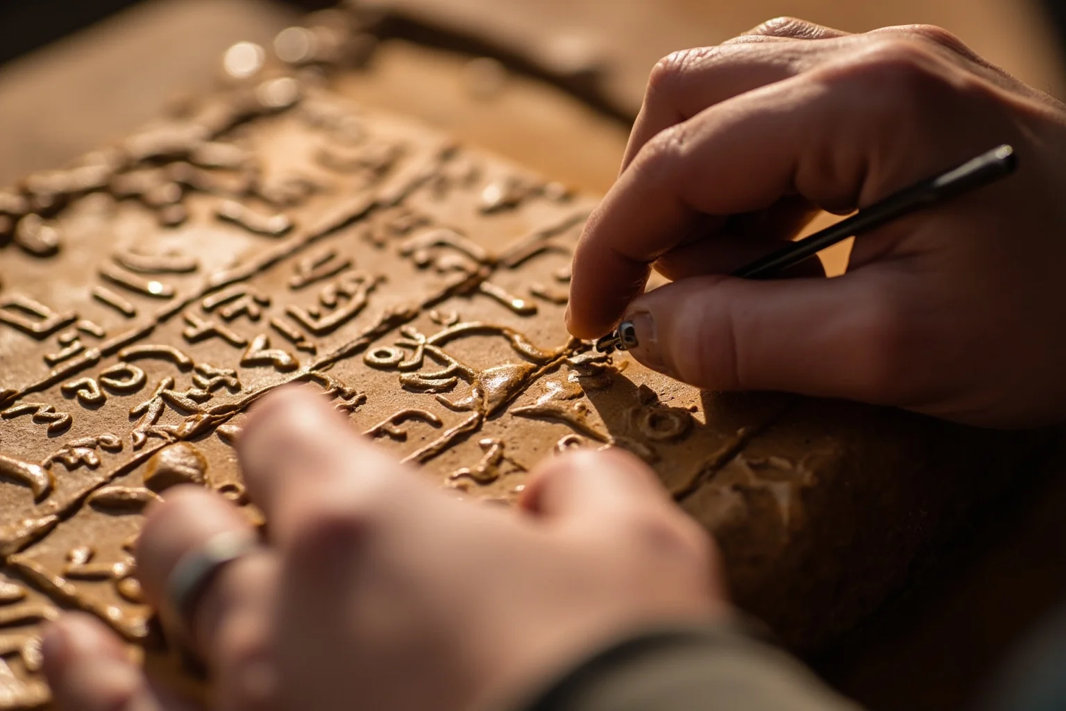 A scribe pressing cuneiform signs into a wet clay tablet, close-up, detailed illustration