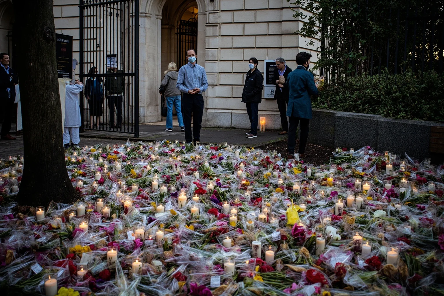 Things To Learn About The Beloved Princess Diana 21 A sea of flowers and candles outside a London palace gate, symbolic public memorial, soft evening light, no people.